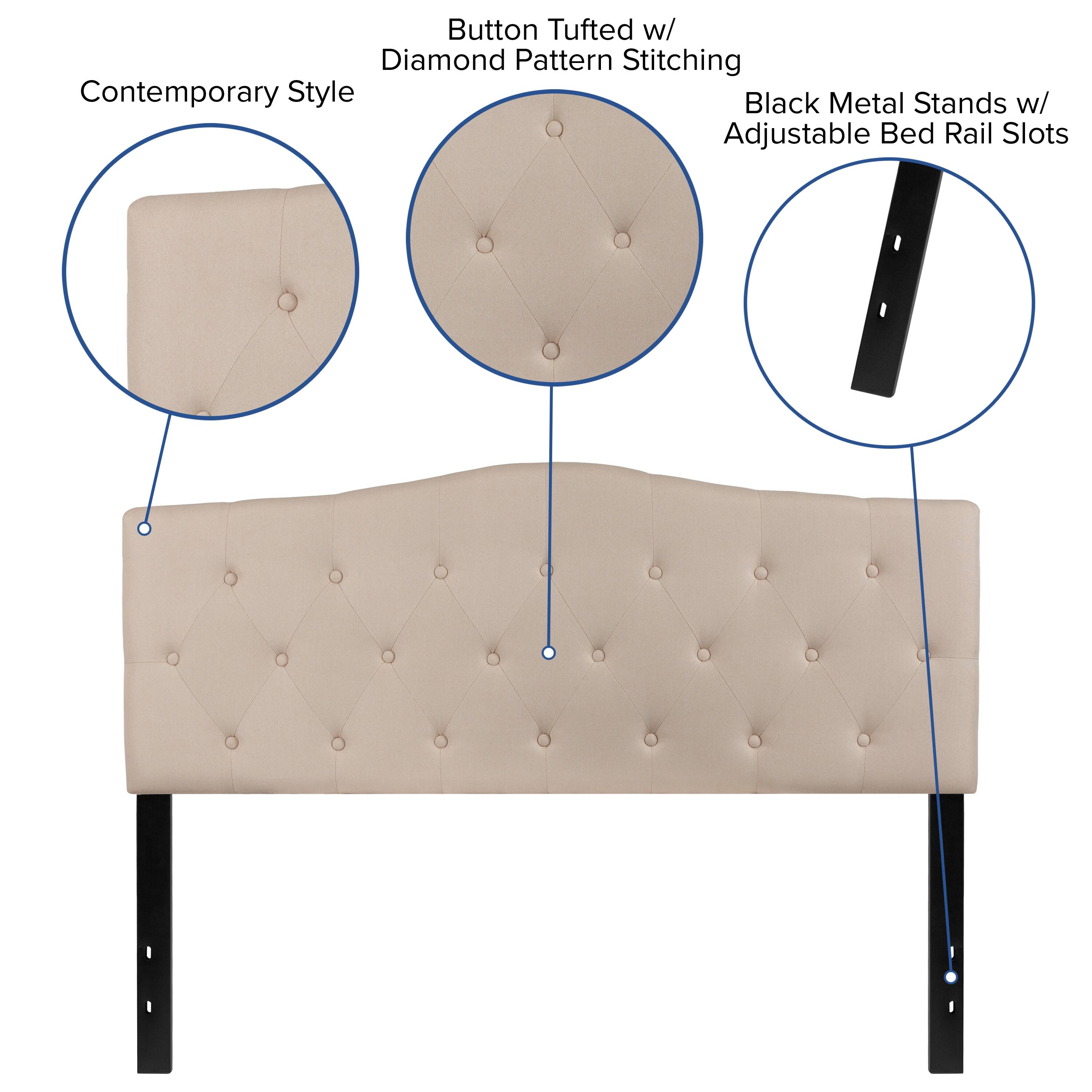 Button Tufted w/ Diamond Pattern Stitching  
Contemporary Style  
Black Metal Stands w/ Adjustable Bed Rail Slots