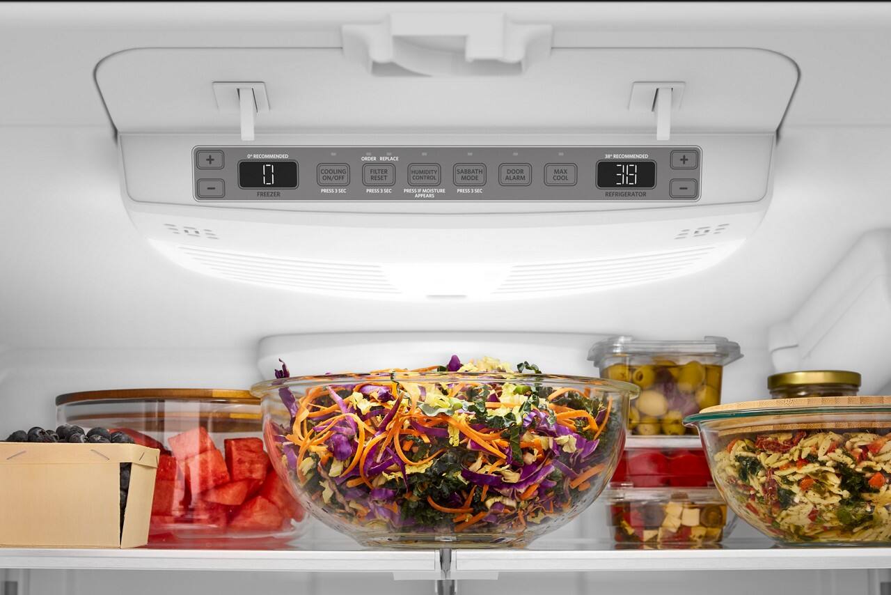 - OF RECOMMENDED FREEZER COOLING ON/OFF PRESET ORDER REPLACE FILTER HUMIDITY SABBATH RESET CONTROL MODE PRESET SEC PRESS 3 SEC MOISTURE PRESS 3 SEC APPEARS DOOR ALARM MAX COOL 3 RECOMMENDED ! i REFRIGERATOR + - EG5