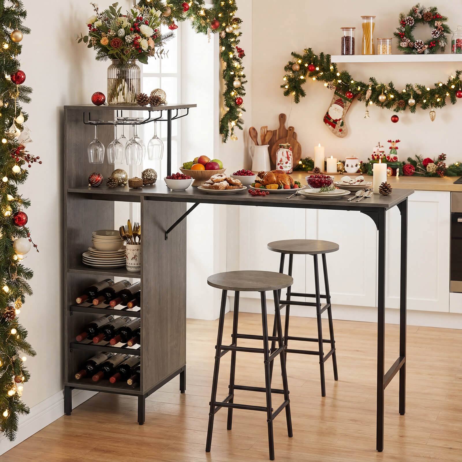 Alt View 1. Costway - Costway 3 PCS Bar Table and Chairs Set Industrial Pub Table & Stools with Bottle Wine Rack - Oak.