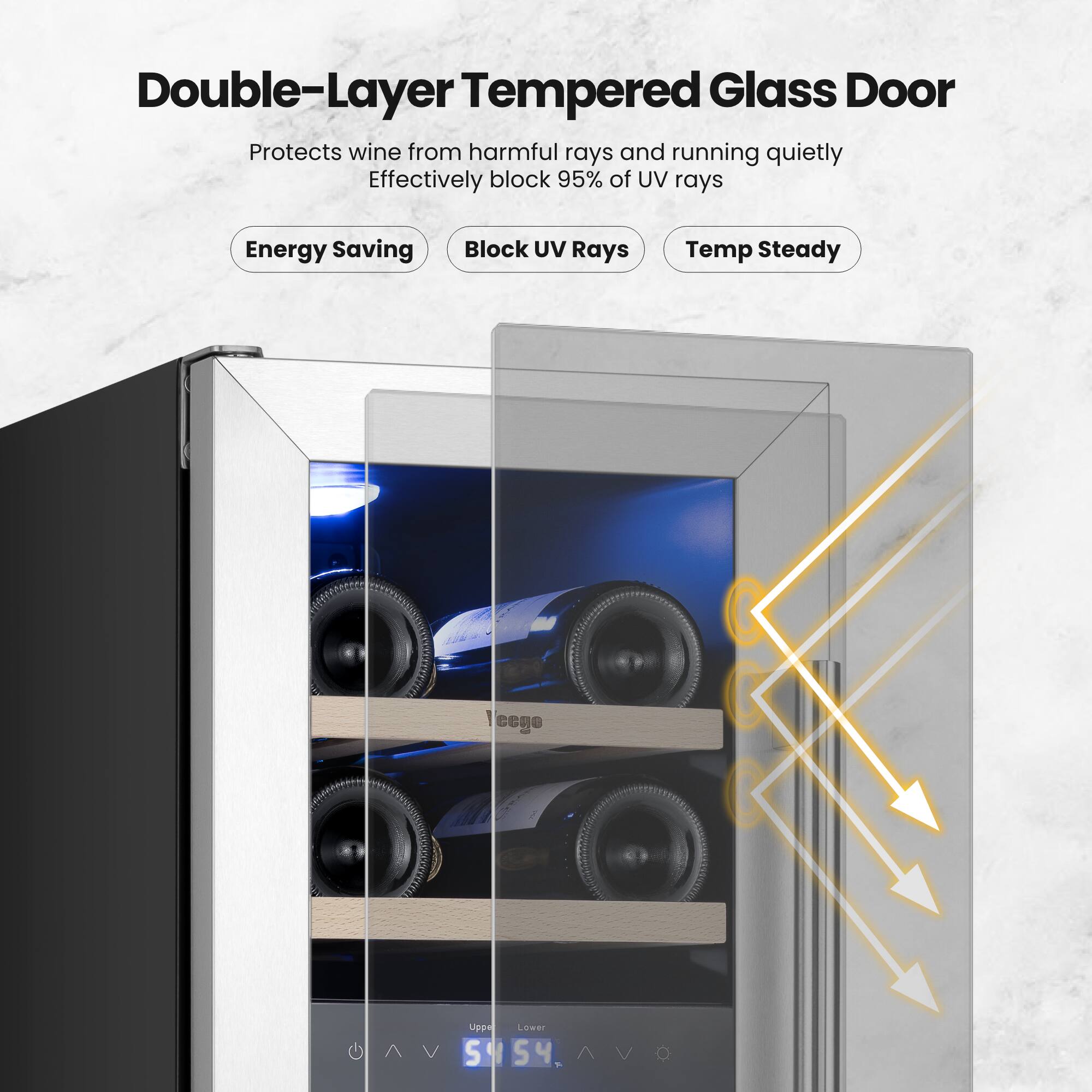 Double-Layer Tempered Glass Door  
Protects wine from harmful rays and running quietly  
Effectively block 95% of UV rays  

Energy Saving  
Block UV Rays  
Temp Steady