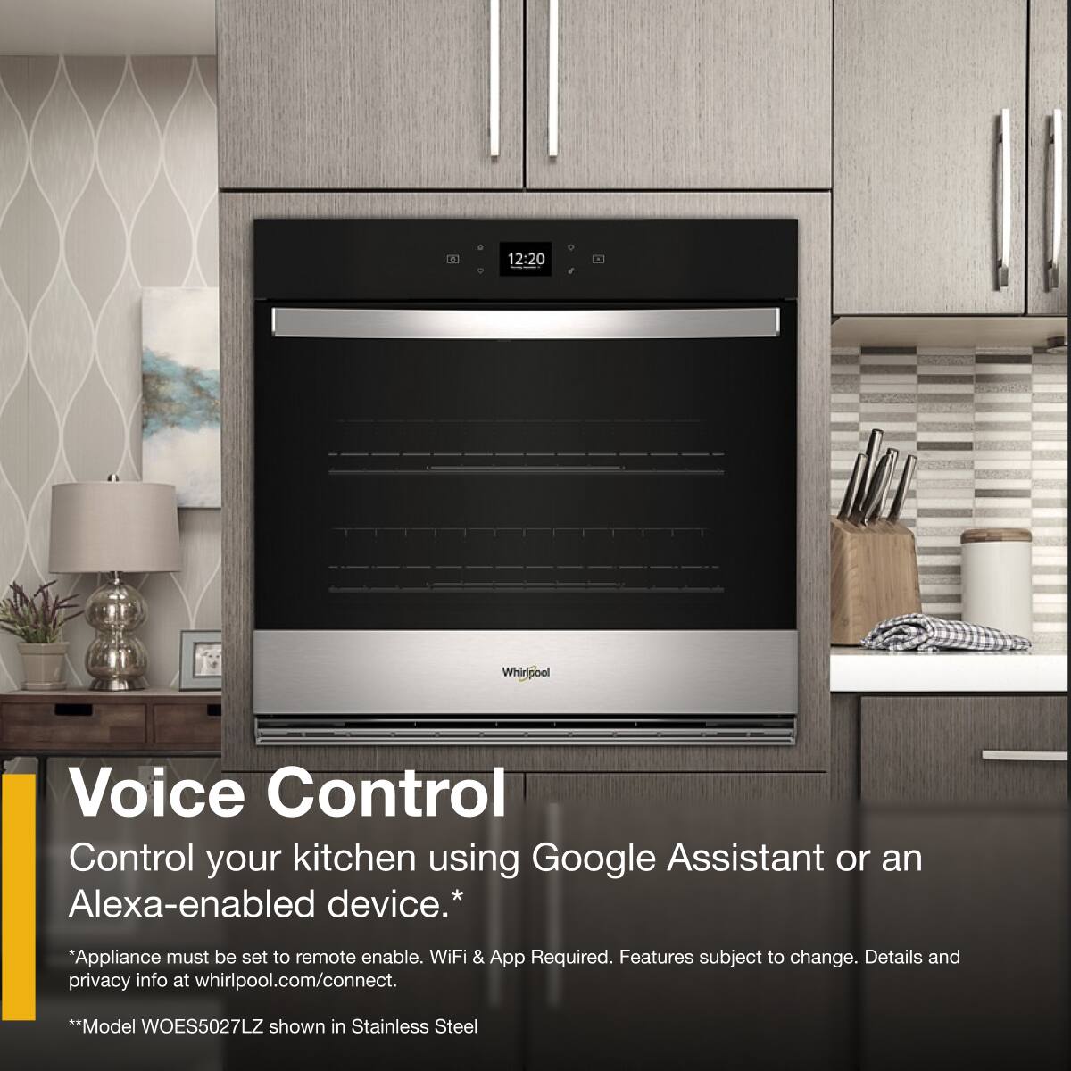 Voice Control  
Control your kitchen using Google Assistant or an Alexa-enabled device.*  
*Appliance must be set to remote enable. WiFi & App Required. Features subject to change. Details and privacy info at whirlpool.com/connect.  
**Model WOES5027LZ shown in Stainless Steel