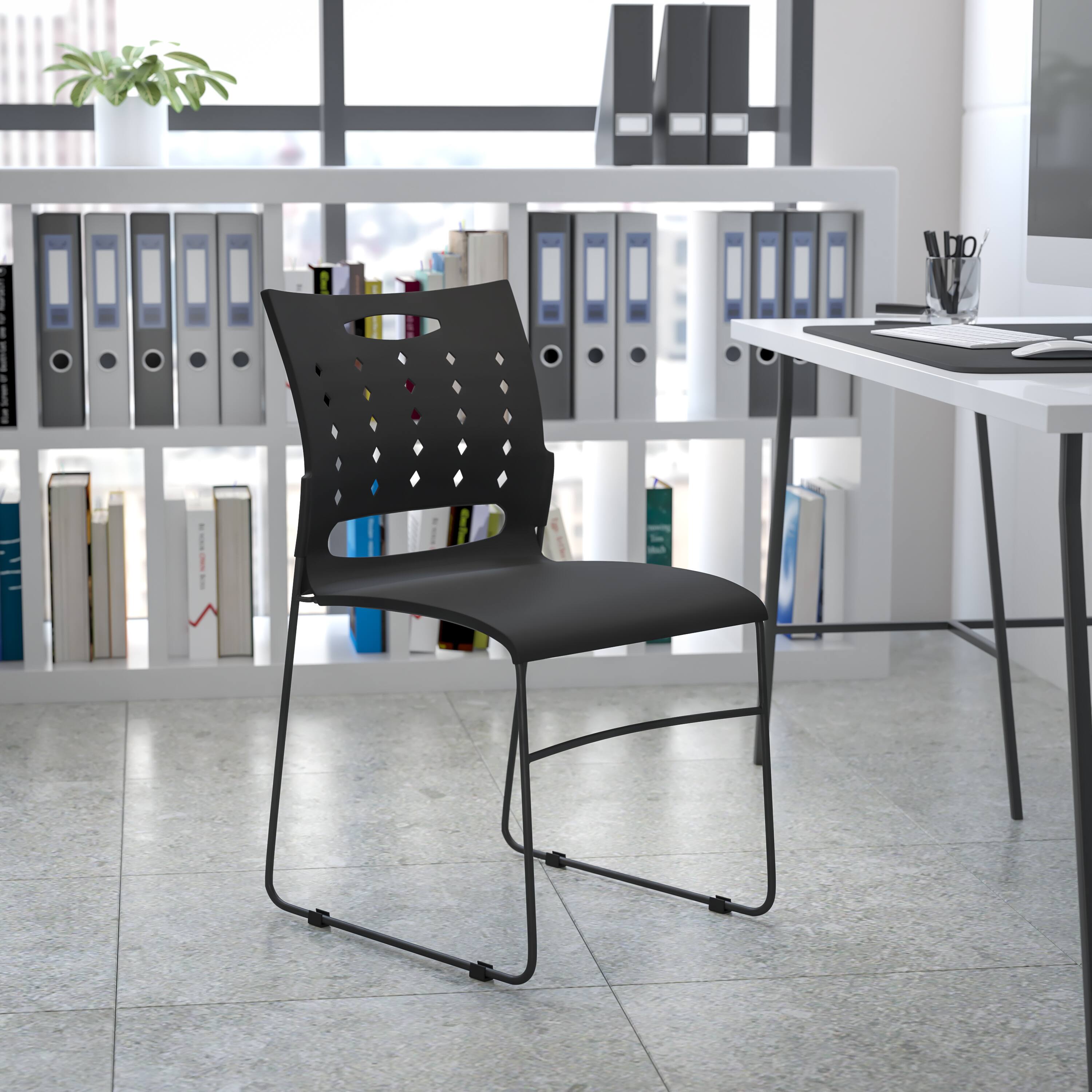 Alt View 1. Emma + Oliver - Home Office Plastic Accent Sled Base Stack Chair - Air-Vent Back - Black.
