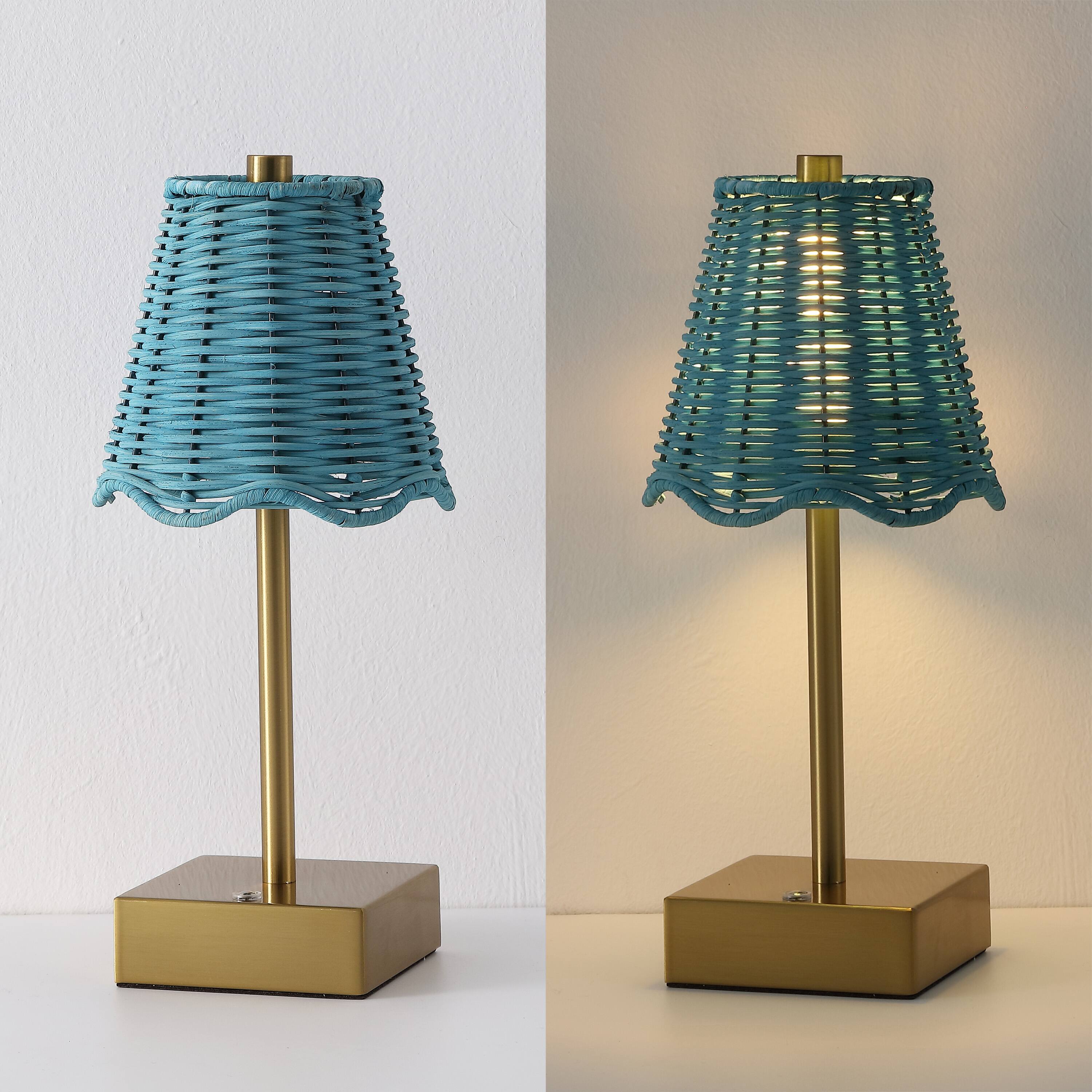 Alt View 5. Jonathan Y - Willow 11" Coastal Bohemian Cordless Rechargeable Table Lamp Set of 2, Brass Gold with Blue Rattan Shade, Touch Dimmer - Brass Gold.