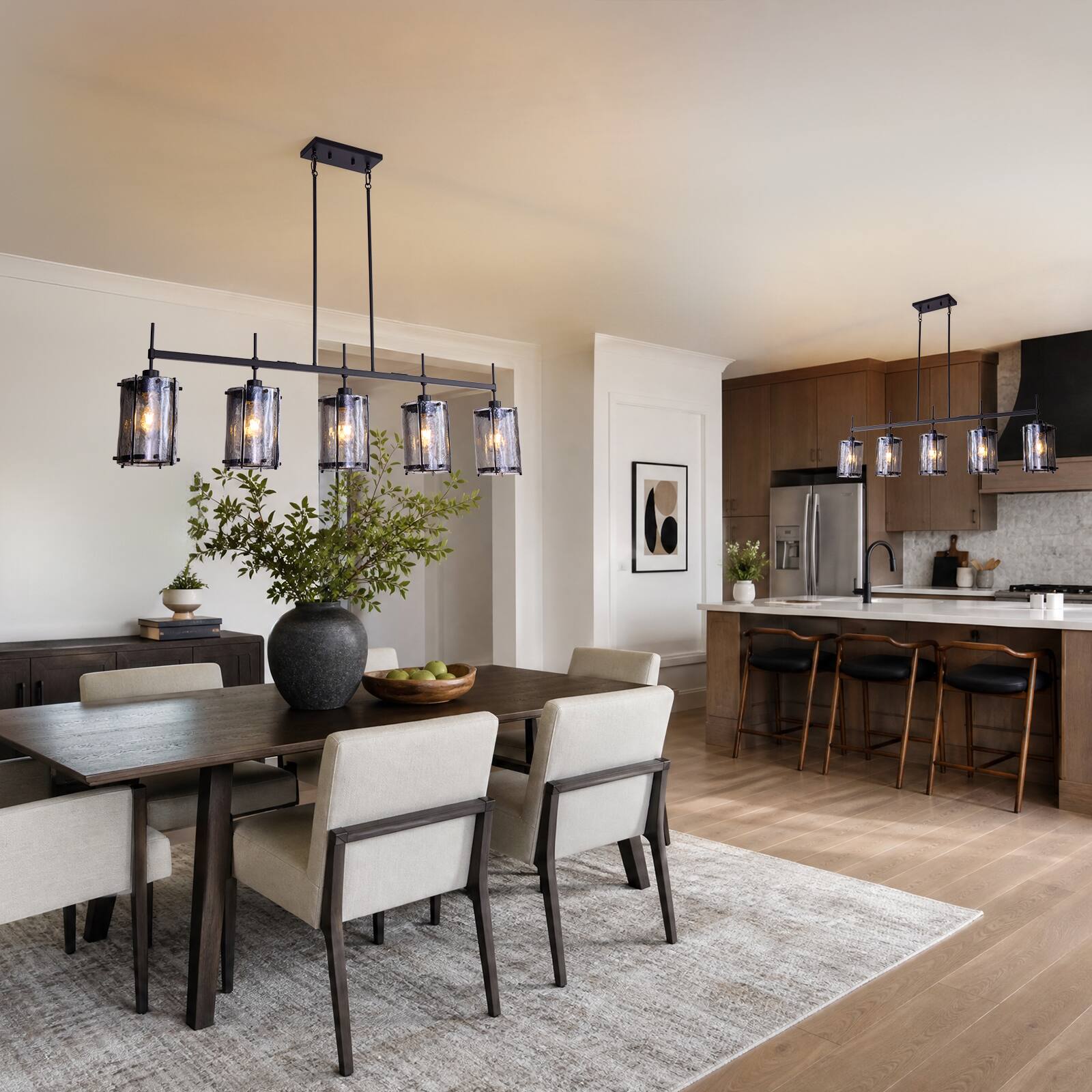 Alt View 1. Siljoy - 52 In Modern Black 5 Light Smoke Glass Linear Pendant Light Adjustable Rod for Dining Room Kitchen Island Foyer - Black.