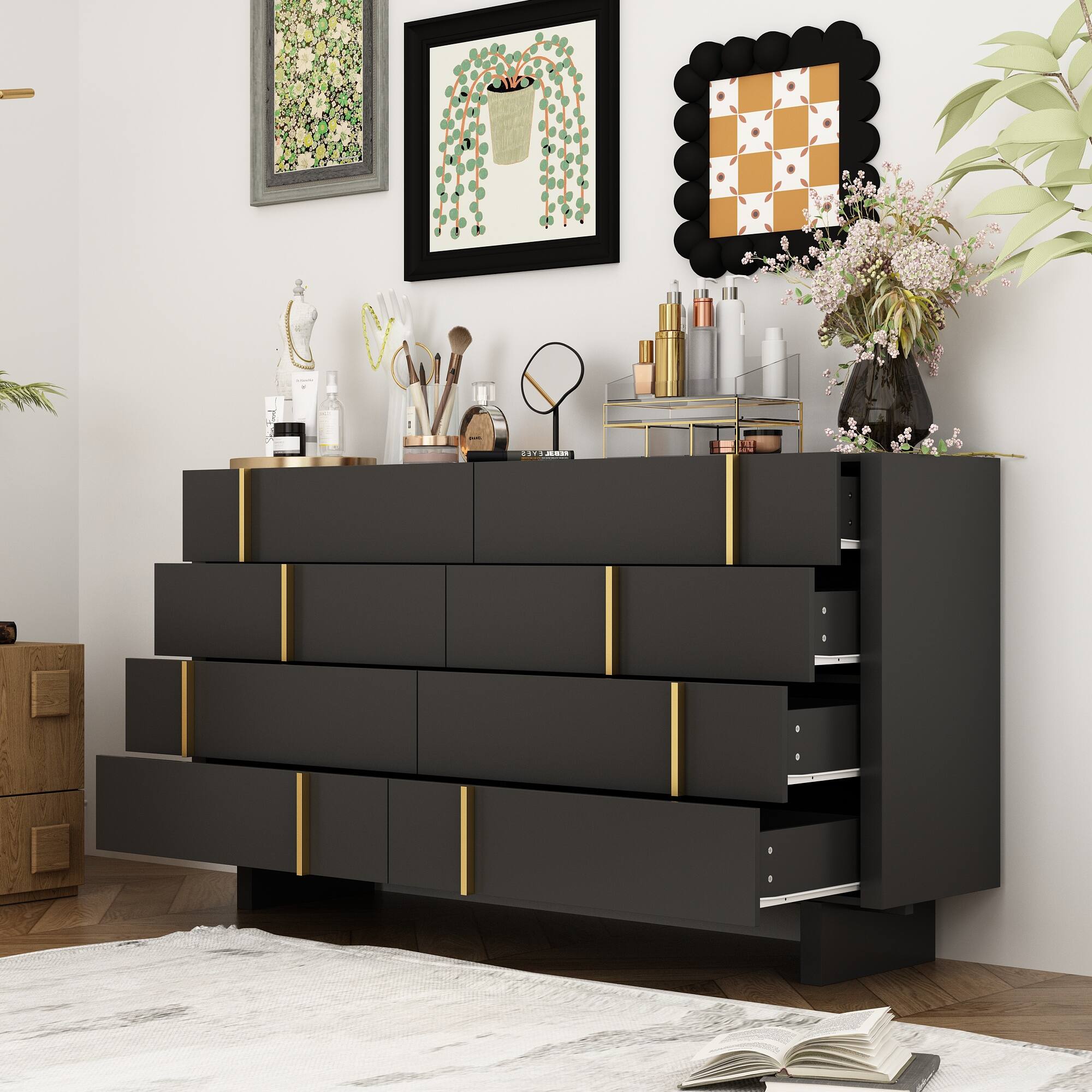 Alt View 1. Famapy - Famapy 8 - Drawer Horizontal Dresser: Anti - Tip & Elegant Gold - Accent Design - Black.