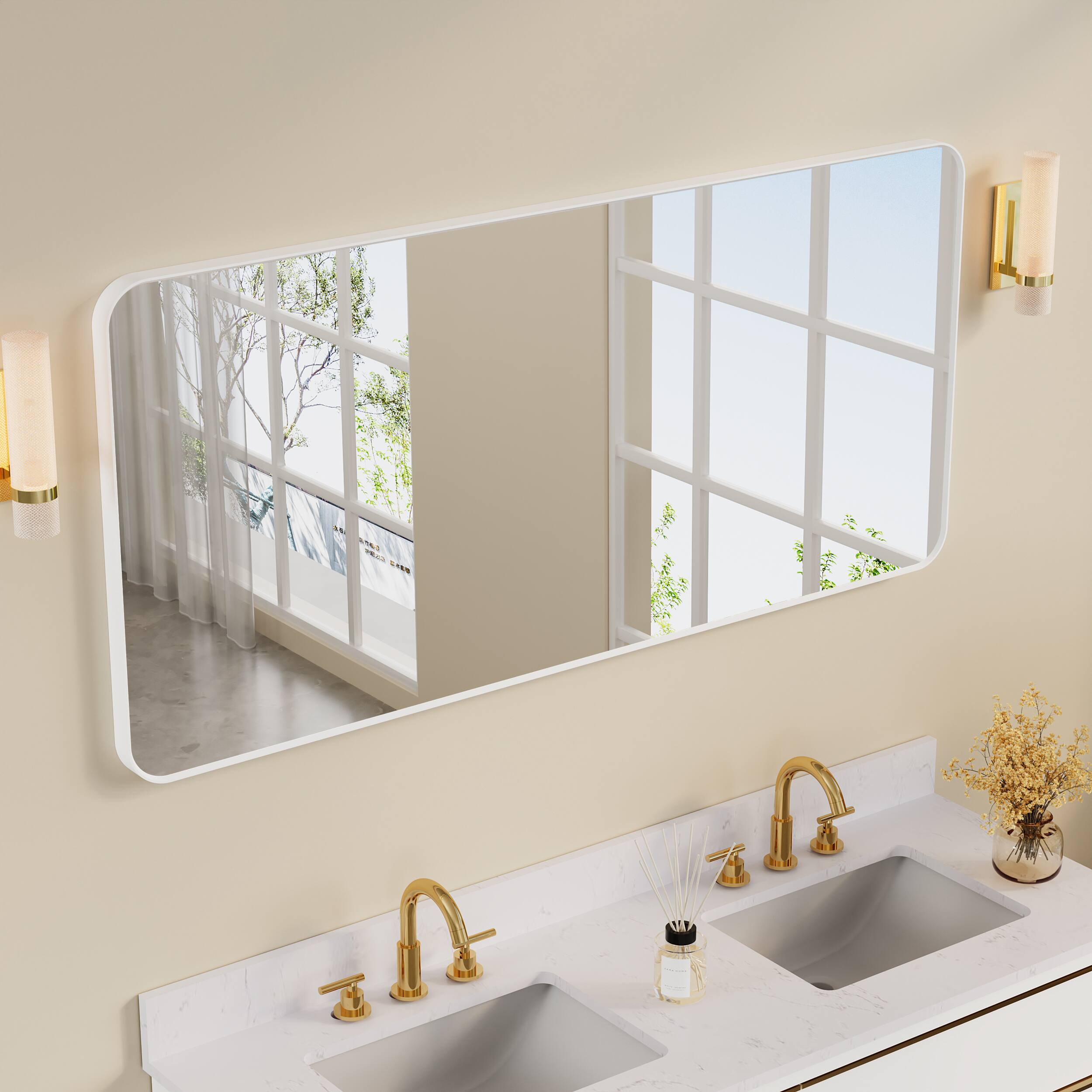 Left. WELLFOR - 60 in. W. x 28 in. H Rectangular Aluminum Framed Wall-Mounted Bathroom Vanity Mirror - White.