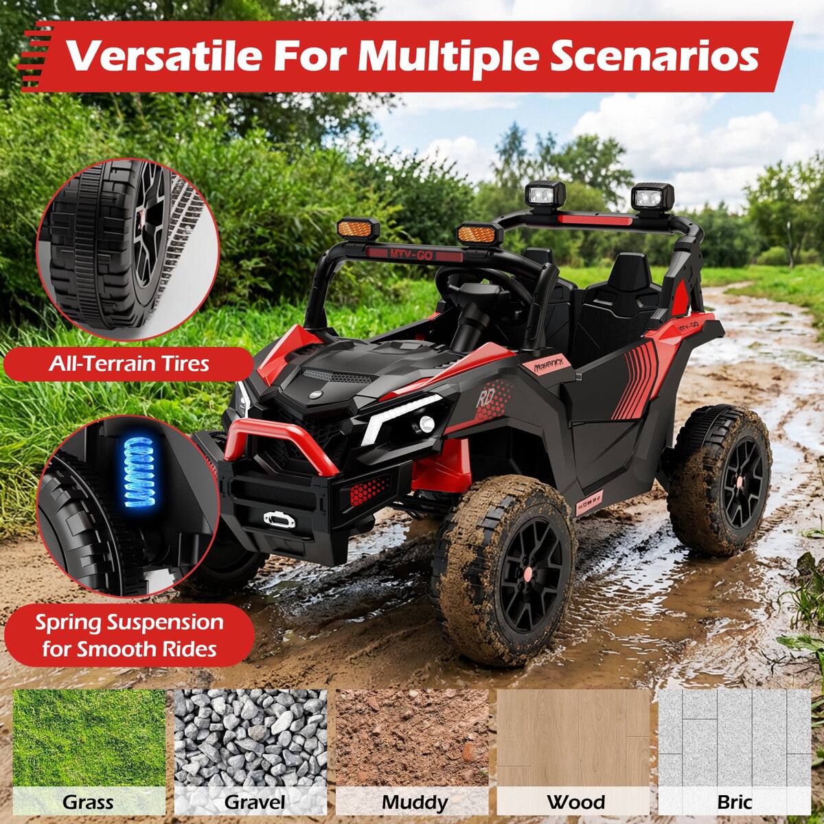 Versatile For Multiple Scenarios

MTV-GO All-Terrain Tires RD CO89

Spring Suspension for Smooth Rides

Grass Gravel Muddy Wood Bric