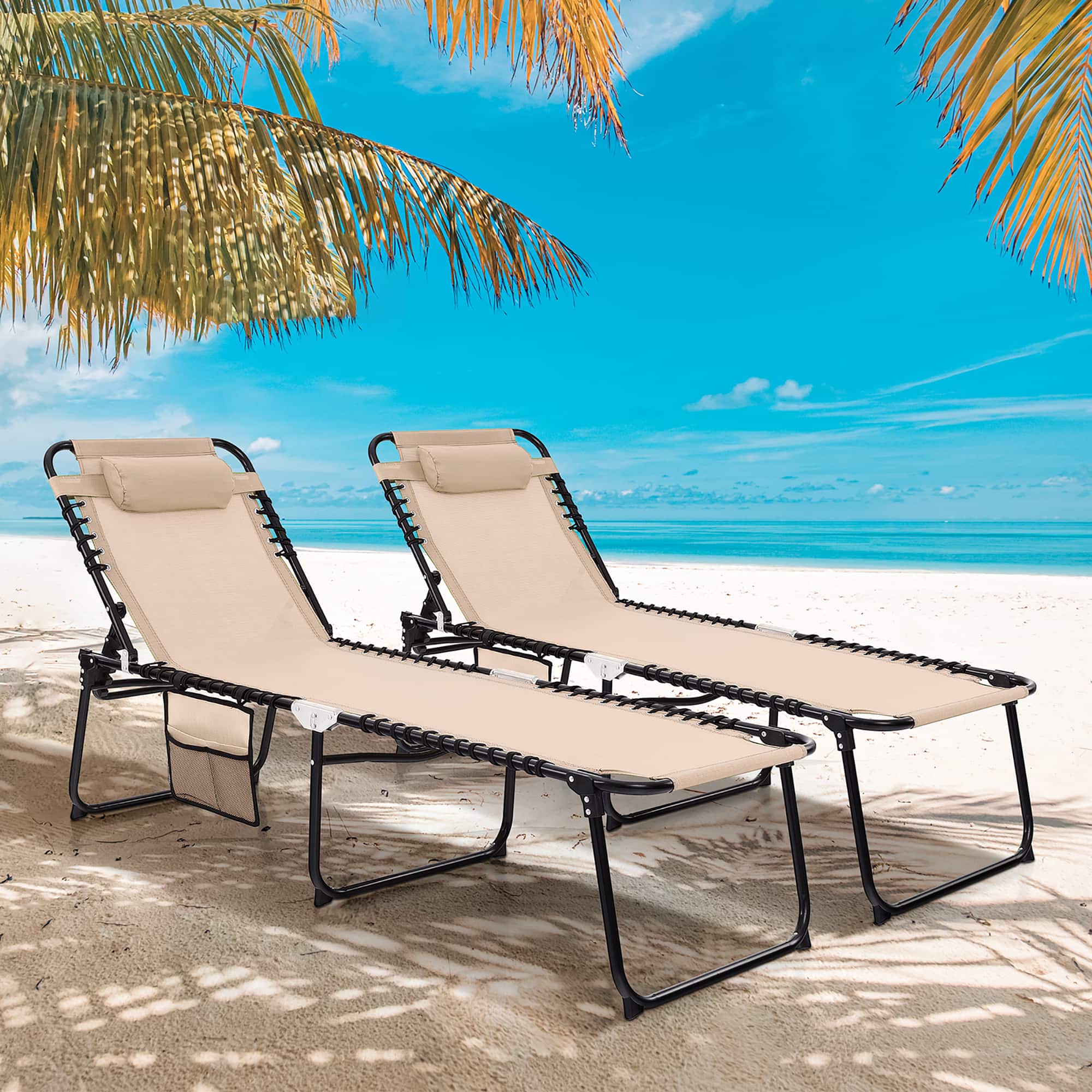 Gymax - 2 PCS Patio Folding Chaise Lounge Portable Lay Flat Reclining Chair w/ 4-Level Backrest Side Pocket - Beige price history on PriceWatchPro