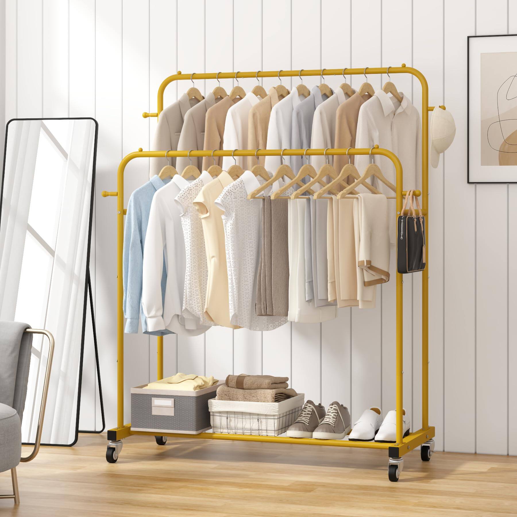 Alt View 2. Cedar Assembly - Double-pole clothes rack with wheels, for hanging clothes, 4 hooks, bedroom clothes rack, gold. - Gold.