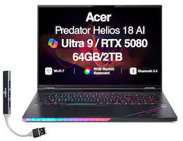 Acer - Upgraded - Predator Helios 18 AI Laptop 18 WQXGA (Intel Ultra 9- 275HX, 64GB DDR5, 2TB PCIe SSD, Win 11 Pro) w/USB Hub - Abyssal Black