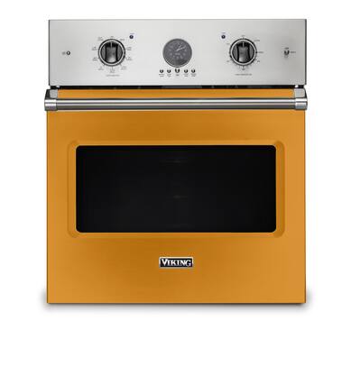 A Viking oven with a black interior and orange exterior.
