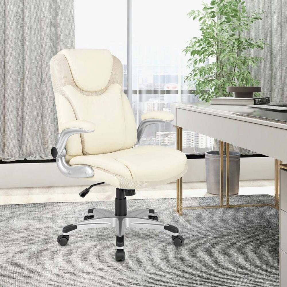 Alt View 9. Pefilos - Ergonomic Office PU Leather Executive Chair with Flip-up Armrests and Rocking Function-White, Home Office Computer Desk - White.