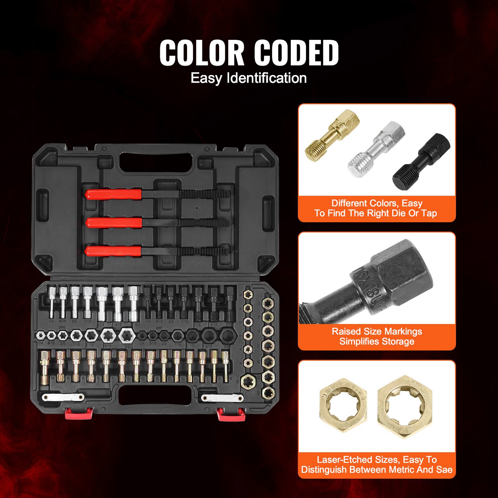 COLOR CODED  
Easy Identification  

Different Colors, Easy To Find The Right Die Or Tap  

Raised Size Markings Simplifies Storage  

Laser-Etched Sizes, Easy To Distinguish Between Metric And Sae