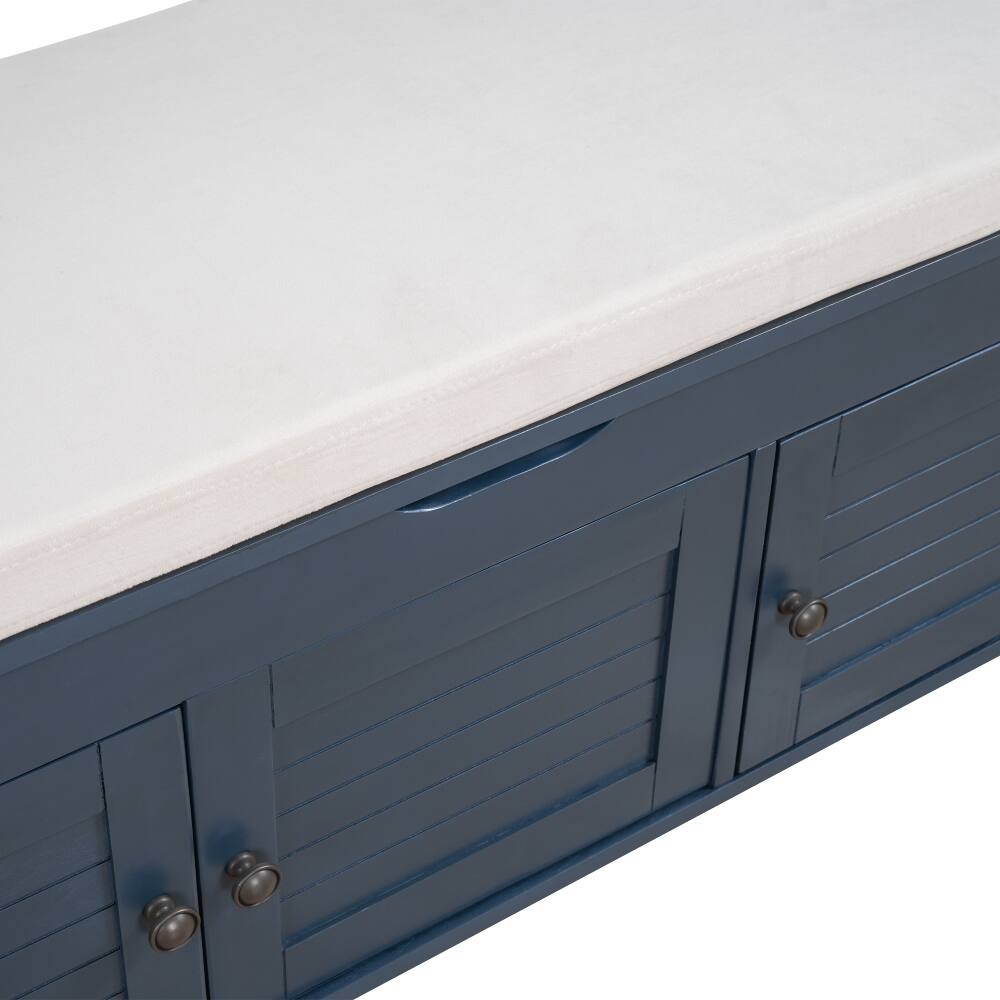Alt View 2. Ropilly - Ropilly Antique Navy Storage Bench with Cushion and Shutter Doors, Rustic Entryway Shoe Bench - Antique Navy.