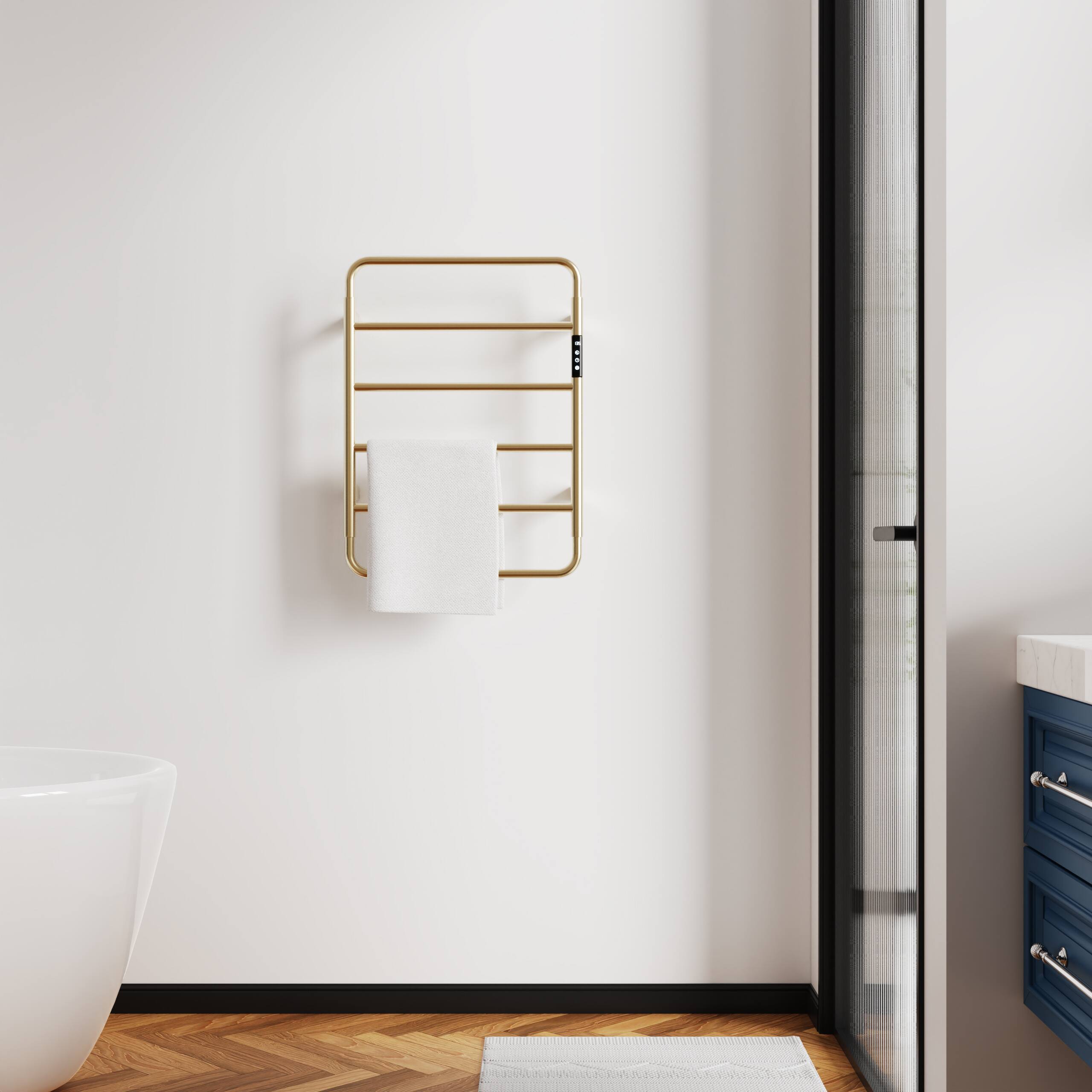 Left. COWLOWN - 18.7in Heated Towel Rack for Bathroom Wall Mounted 6-Bar Warmer w Touch Timer 304 Stainless Steel Plug-in Hard-Wired - Stainless Steel Finish (Silver).
