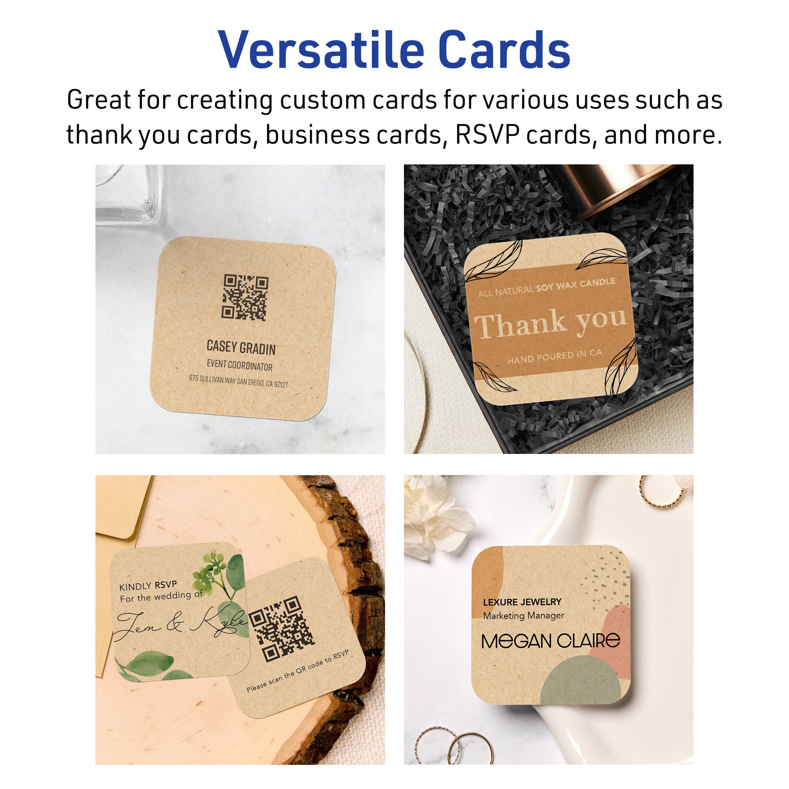 Versatile Cards

Great for creating custom cards for various uses such as thank you cards, business cards, RSVP cards, and more.

CASEY GRADIN  
EVENT COORDINATOR  
675 SULLIVAN WAY SAN DIEGO, CA 82077

ALL NATURAL SOY WAX CANDLE  
Thank you  
HAND POURED IN CA

KINDLY RSVP  
For the wedding of  
Jen & Kyle  
Please scan the QR code to RSVP

LEXURE JEWELRY  
Marketing Manager  
MEGAN CLAIRE
