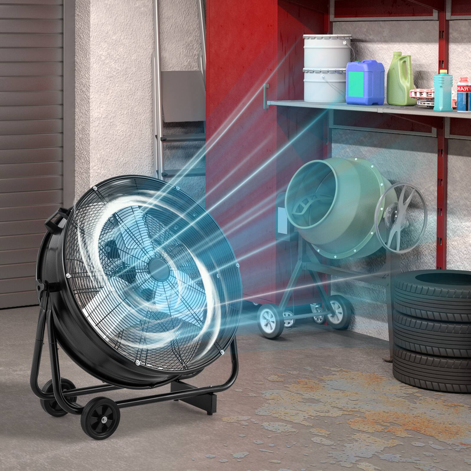 Alt View 3. Gymax - Gymax 24 Inch Industrial Drum Fan w/ 360 Degree Adjustable Tilt & 2 Wheels for Warehouse - Black.