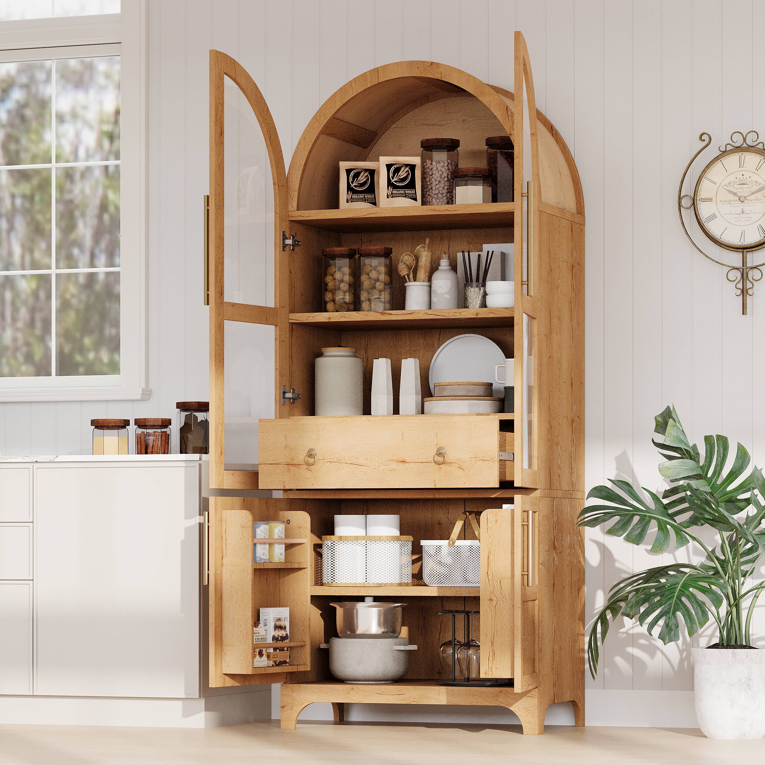 Angle. Bestier - 71-Inch Arched Storage Cabinet with Door Shelves, Adjustable & Open Shelves, Hidden Drawer and Glass Door - Natural.