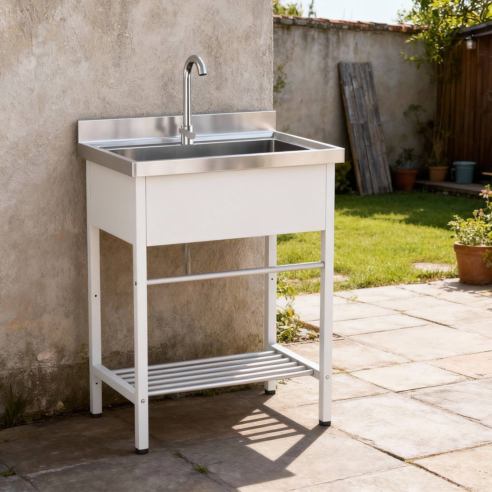 Alt View 4. Winado - 26.5"L x 17.3"W x 39"H Heavy Duty Stainless Steel Utility Sink with Single Bowl and Storage Shelf for Commercial Kitchen - White.