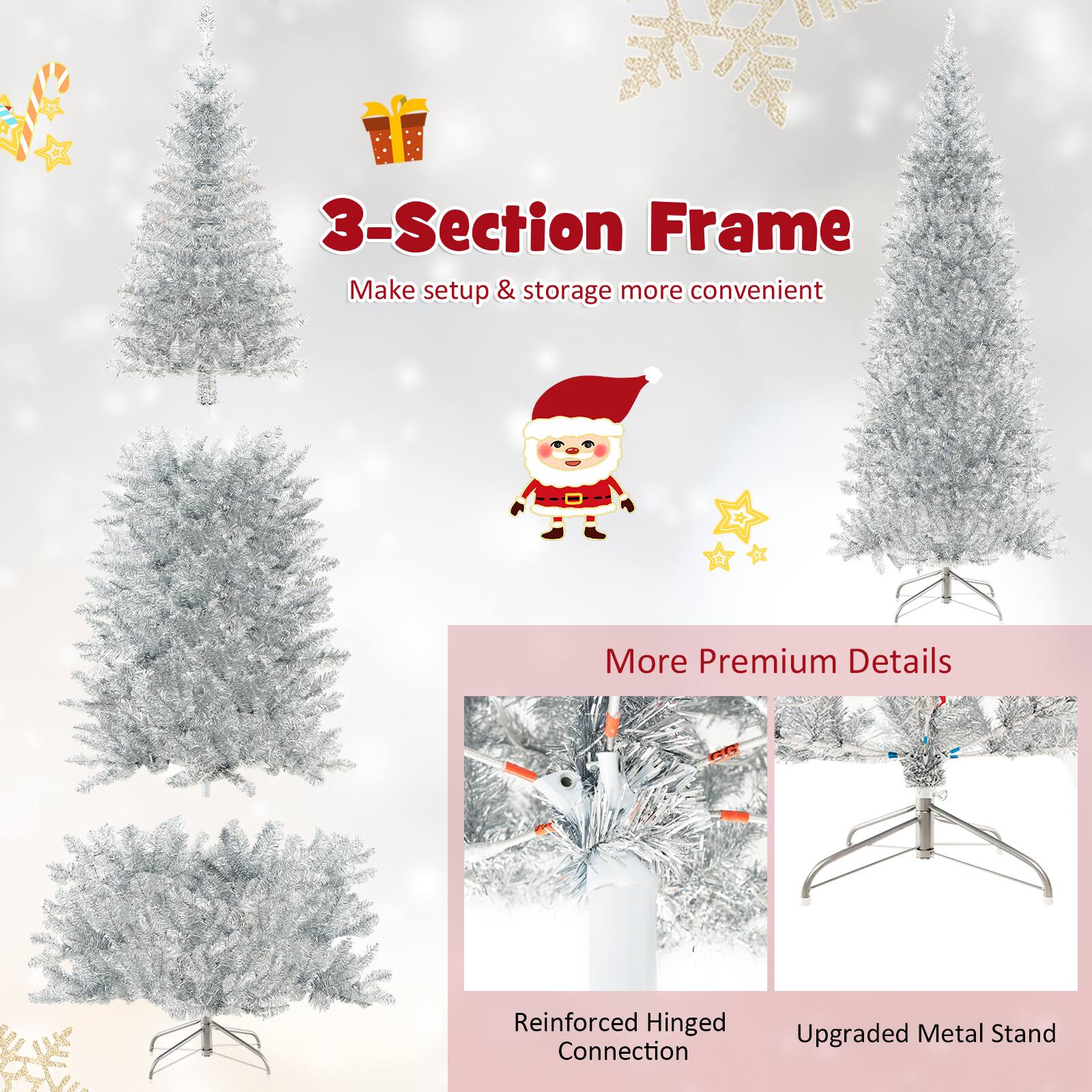 The text on the image is grouped and corrected as follows:

3-Section Frame: Make setup & storage more convenient.
Reinforced Hinged Connection: Upgraded Metal Stand.
