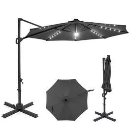 Costway - 10 FT Cantilever Patio Umbrella with Solar LED Lights, 360° Rotation, Easy Tilt - Gray