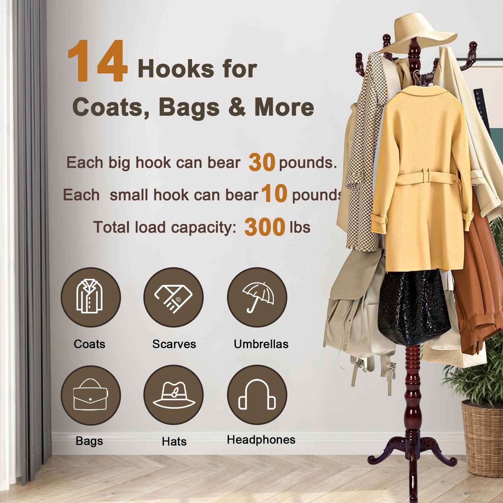 Alt View 1. Chateau Abodes - Solid Wood Coat Rack, Free Standing Hall Coat Tree with 14Hooks, 3 Height Options, 300lbs Load, Stury Base - Rosewood - Tri-legged.