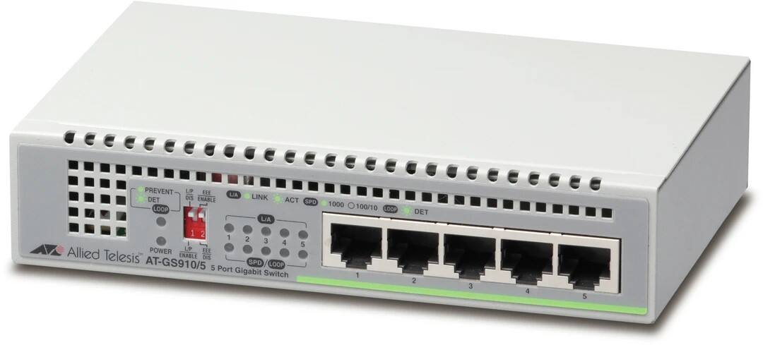 PREVENT DET LOOP L/P EEE OIS ENABLE LA LINK LA ACT SPD 1000 100/10 LOOP DET 1 2 1 2 3 4 POWER LP LEE Allied Telesis ENABLE DIS AT-GS910/5 SPD LOOP 5 Port Gigabit Switch 5 1 2 3 4 5