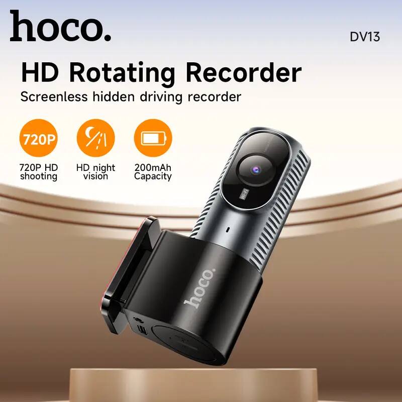 hoco.  
HD Rotating Recorder  
Screenless hidden driving recorder  

720P HD shooting  
HD night vision  
200mAh Capacity  

DV13
