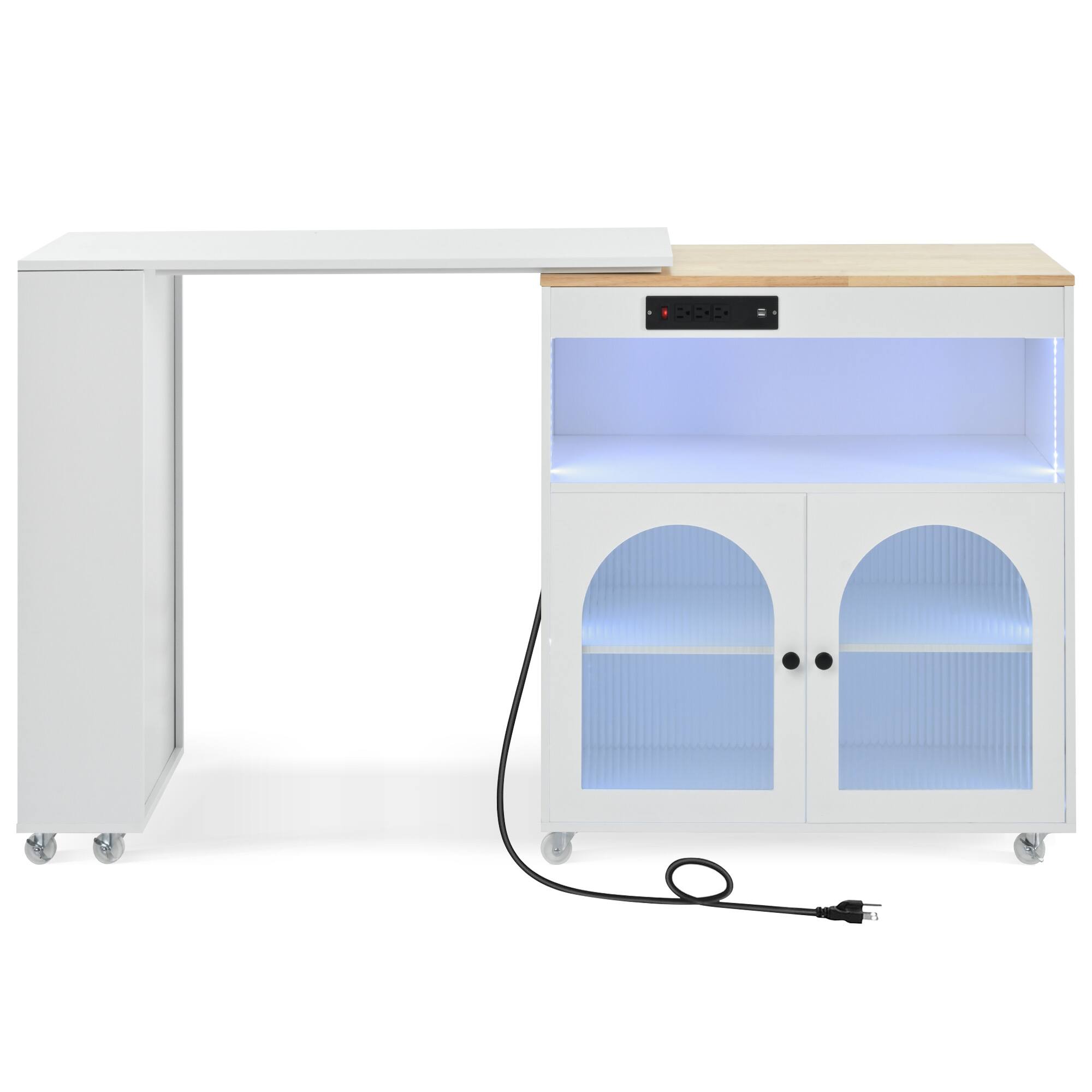 Alt View 4. Bestier - Rolling Kitchen Island with Extendable Table, LED Lights, Power Outlets, Fluted Glass Doors and Side Open Shelves - White.
