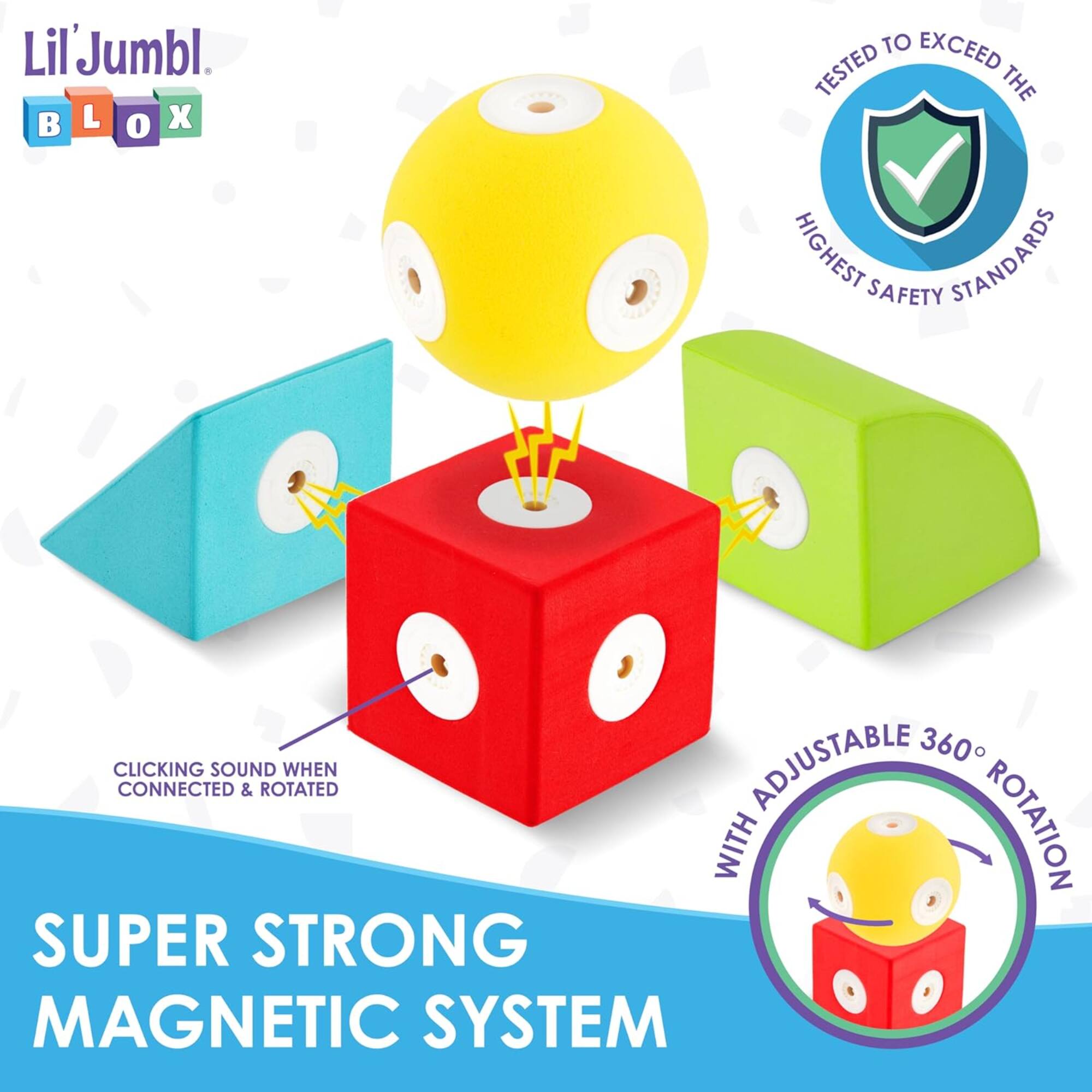 Lil'Jumbl. BLOX TESTED TO EXCEED THE HIGHEST SAFETY STANDARDS WITH ADJUSTABLE 360° ROTATION CLICKING SOUND WHEN CONNECTED & ROTATED SUPER STRONG MAGNETIC SYSTEM