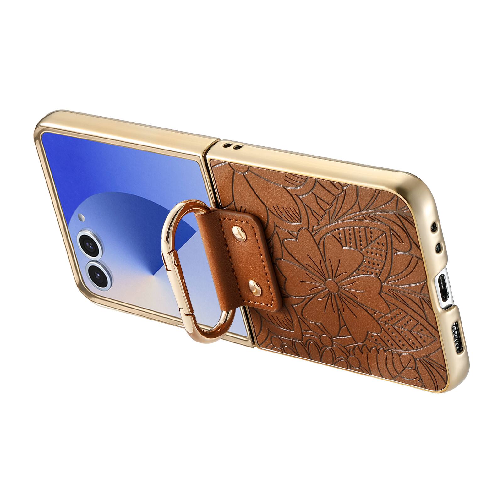 Alt View 2. Dteck - Shockproof Floral Leather Texture Case for Samsung Galaxy Z Flip8, Electroplated Rigid Plastic Cover with Ring Holder - Brown.