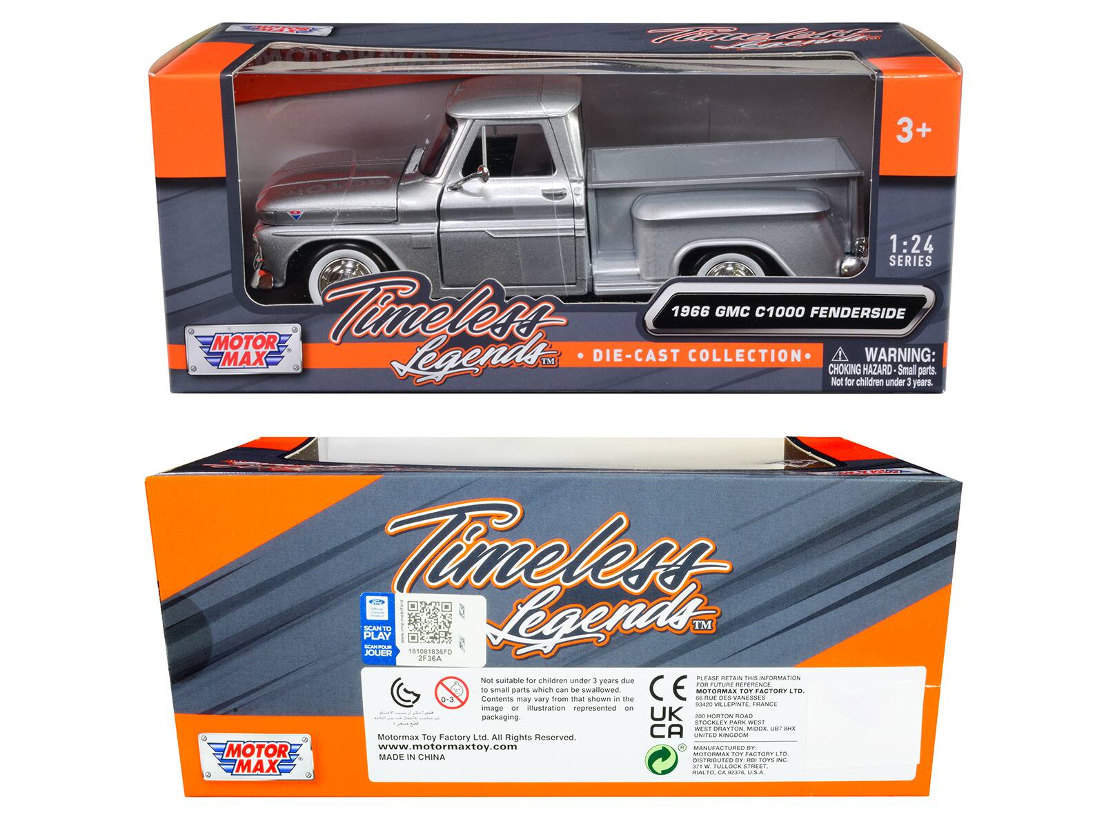 **Front of the Box:**

- **Top Left Corner:** "MOTOR MAX"
- **Top Right Corner:** "3+"
- **Main Title:** "Timeless Legends"
- **Subtitle:** "1966 GMC C1000 FENDERSIDE"
- **Series:** "1:24 SERIES"
- **Collection:** "DIE-CAST COLLECTION"
- **Warning:** "WARNING: CHOKING HAZARD - Small parts. Not for children under 3 years."

**Back of the Box:**

- **Top Left Corner:** "MOTOR MAX"
- **Main Title:** "Timeless Legends"
- **Subtitle:** "1966 GMC C1000 FENDERSIDE"
- **Series:** "1:24 SERIES"
- **Collection:** "DIE-CAST COLLECTION"
- **Warning:** "WARNING: CHOKING HAZARD - Small parts. Not for children under 3 years."
- **Text:** "Not suitable for children under 3 years due to small parts which can be swallowed. The image or illustration represented on packaging may vary from that shown."
- **Text:** "PLEASE RETAIN THIS INFORMATION FOR FUTURE REFERENCE."
- **Manufacturer Information: