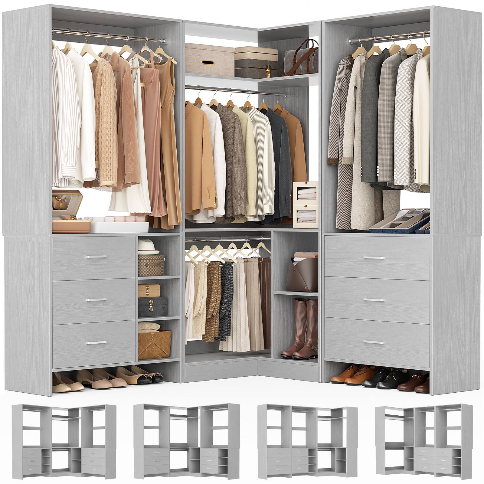 Alt View 4. Aheaplus - L Shaped Closet System with 6 Drawers, 4 Hanging Rods, and Corner Tower, 80.9'' Corner Wardrobe System, Reversible - Gray.