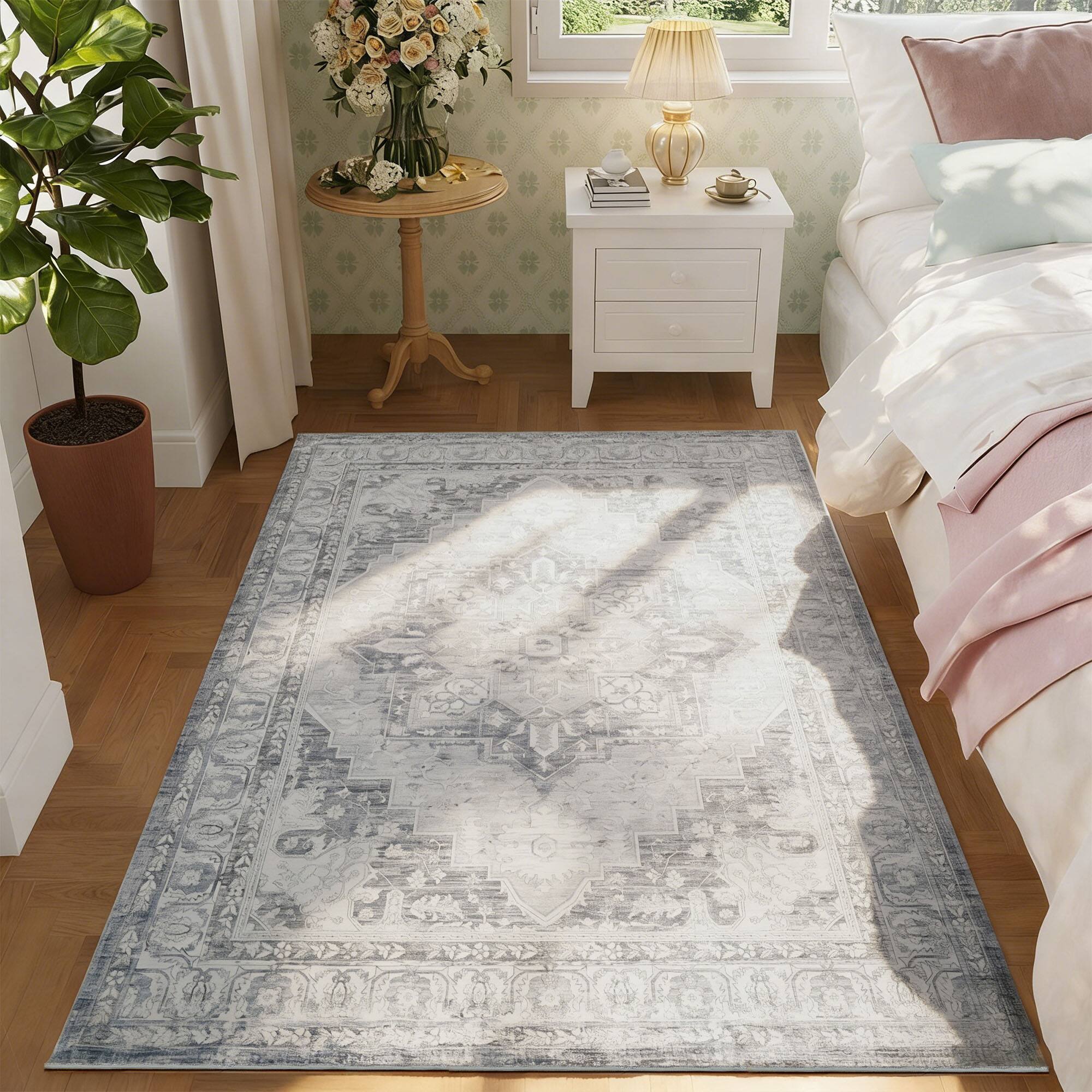 Angle. RYHNUYNE - 5x7 Area Rug for Living Room, Washable Soft Thin Rug, No Slip Stain Resistant Carpet for Bedroom Nursery Home(Gray Blue) - Gray Blue.