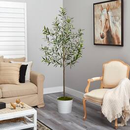 BreeBe - 70" Olive Artificial Tree in White Tin Planter - Green