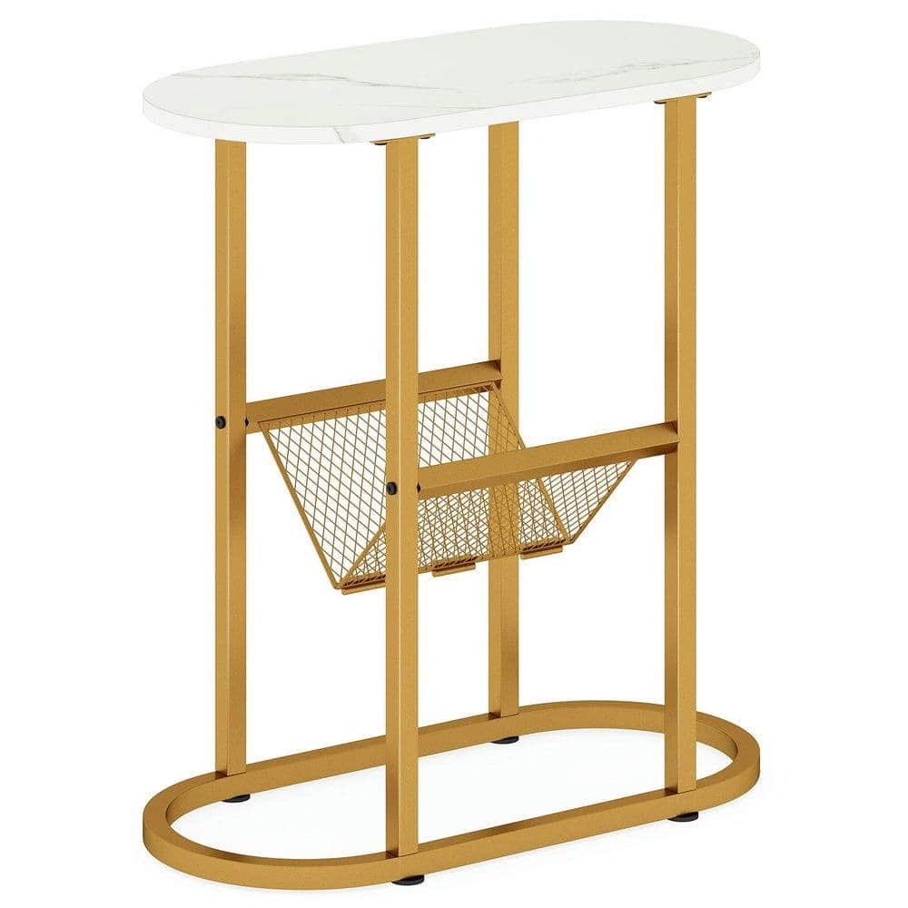 Resenkos - Industrial 2-Tier Oval Side Table with Wire Mesh Shelf - White