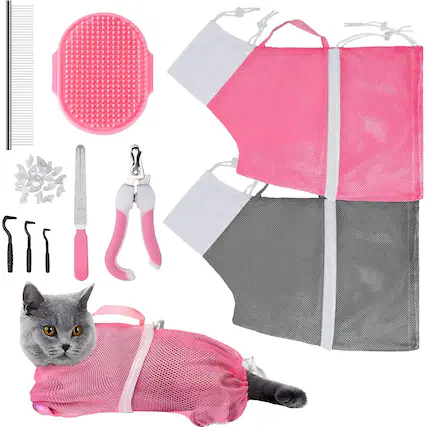 Front. THIRSTY TURTLE - Cat Bathing & Grooming Kit – 10-Piece Set with Adjustable Shower Net Bag, Grooming Brush, Nail Clipper, Nail File, Hair.