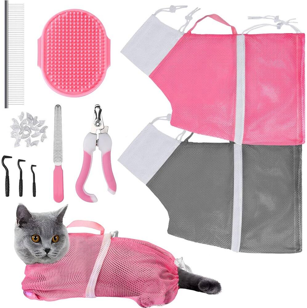 Front. THIRSTY TURTLE - Cat Bathing & Grooming Kit – 10-Piece Set with Adjustable Shower Net Bag, Grooming Brush, Nail Clipper, Nail File, Hair.