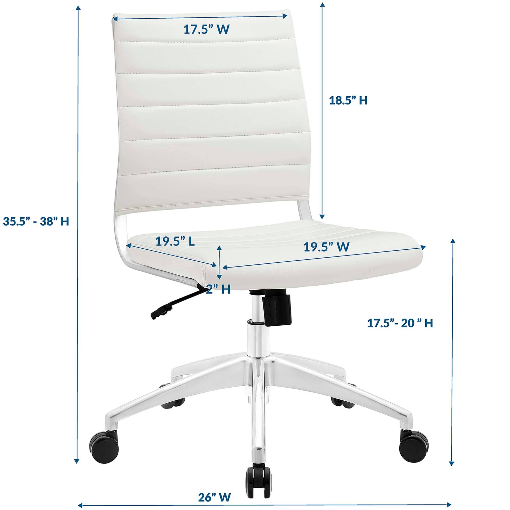 - Width: 17.5"
- Height: 18.5"
- Seat Height: 2"
- Seat Depth: 19.5"
- Seat Width: 19.5"
- Back Height: 35.5" - 38"
- Overall Height: 17.5" - 20"
- Base Width: 26"