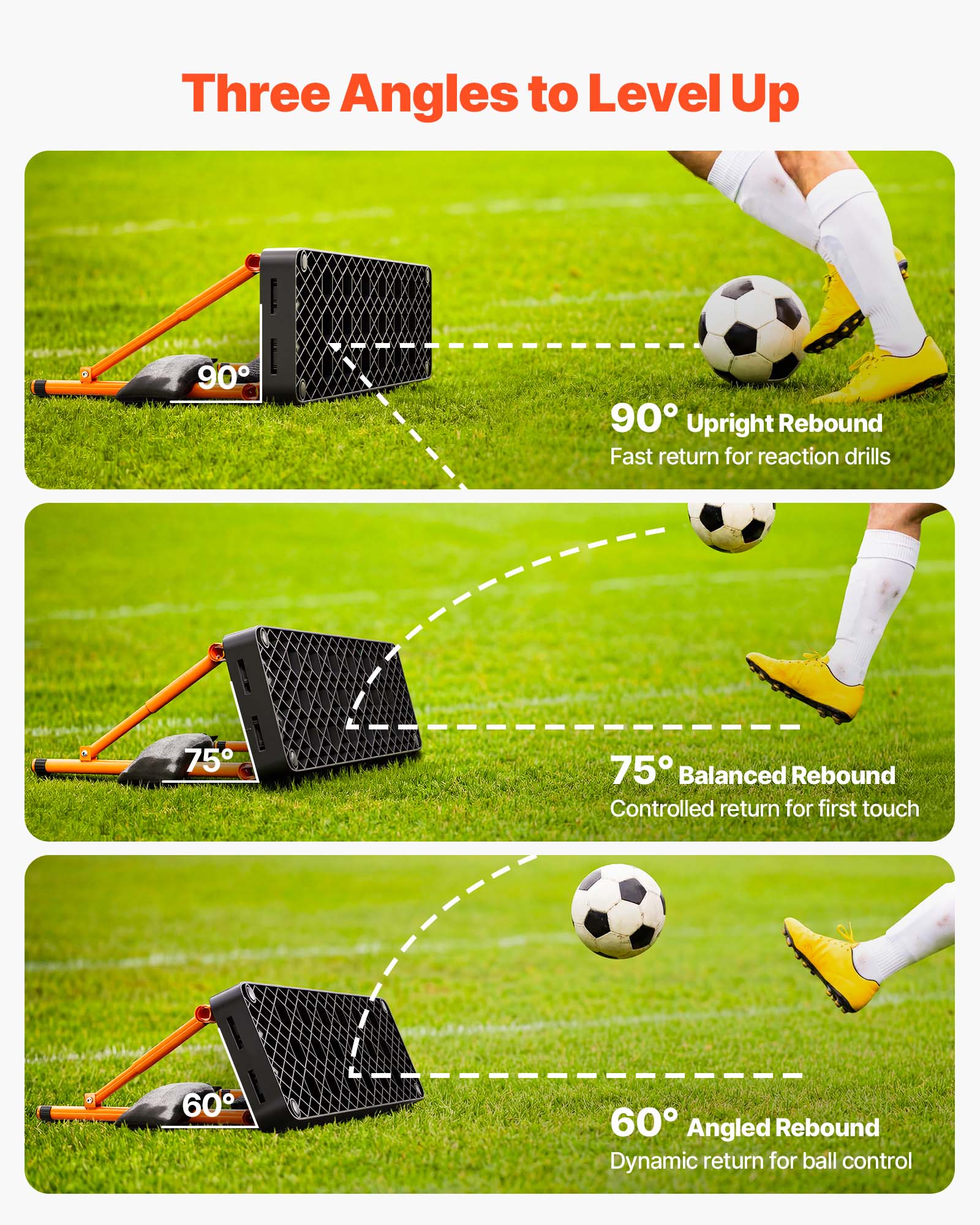 Three Angles to Level Up

90° Upright Rebound  
Fast return for reaction drills

75° Balanced Rebound  
Controlled return for first touch

60° Angled Rebound  
Dynamic return for ball control