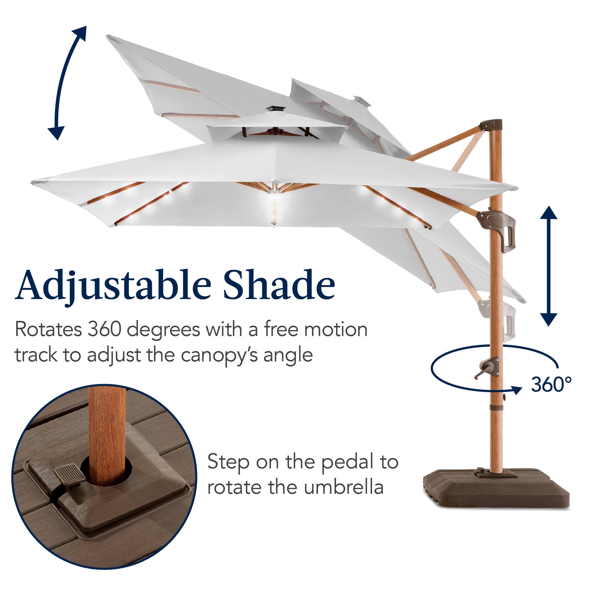 Adjustable Shade Rotates 360 degrees with a free motion track to adjust the canopy's angle. Step on the pedal to rotate the umbrella.