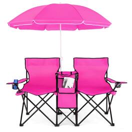 Costway - Portable Folding Picnic Double Chair with Umbrella Table Cooler Beach Camping Chair - Pink