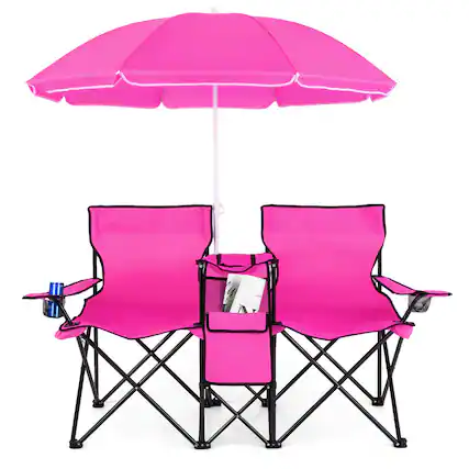 Front. Costway - Costway Portable Folding Picnic Double Chair with Umbrella Table Cooler Beach Camping Chair - Pink.