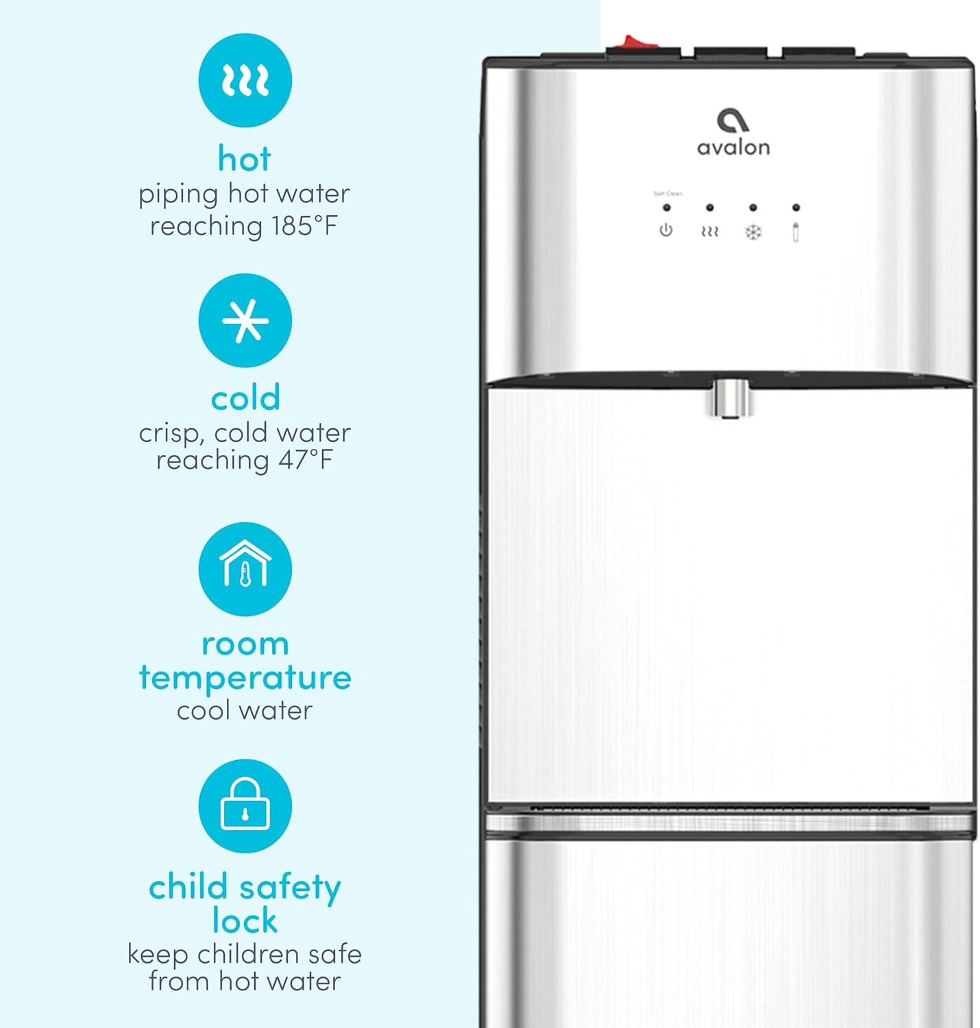 - hot piping hot water reaching 185°F
- cold crisp, cold water reaching 47°F
- room temperature cool water
- child safety lock keep children safe from hot water