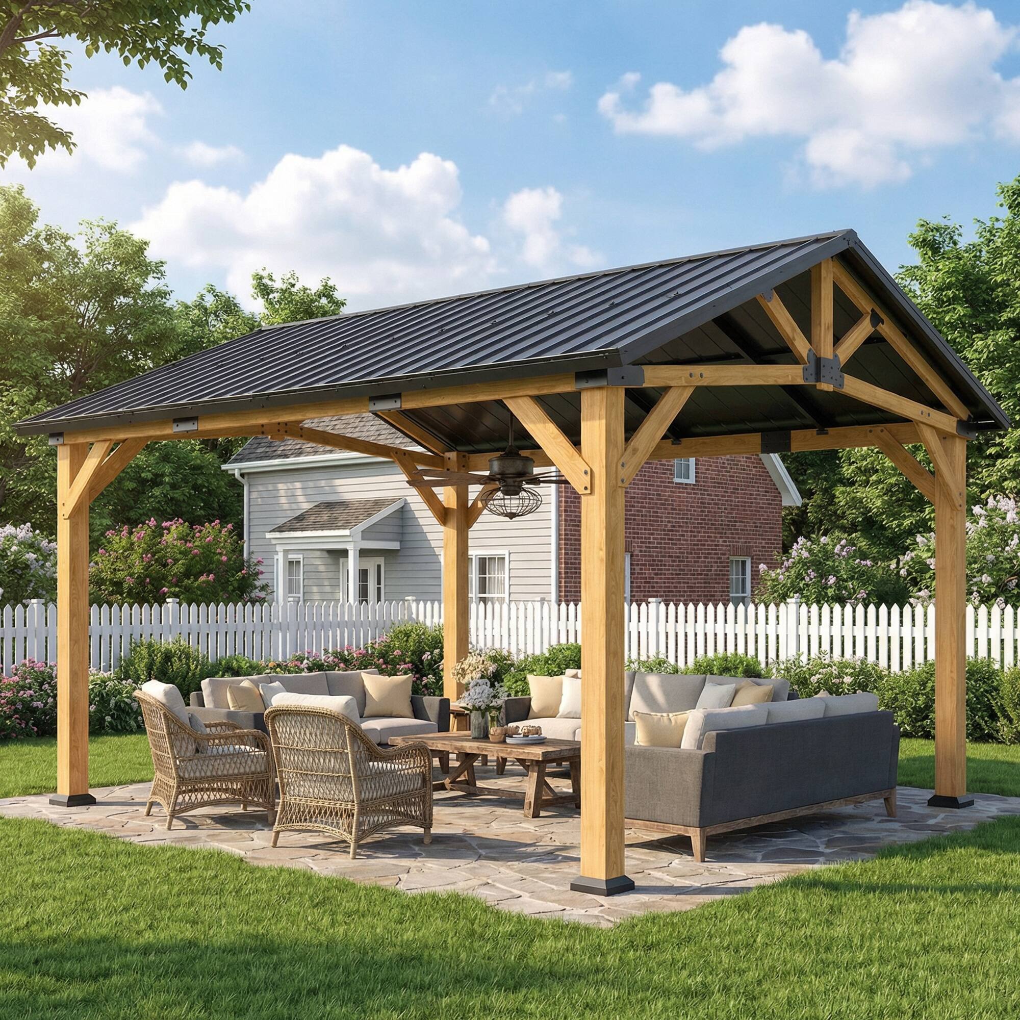 Alt View 1. Outsunny - x 11' Hardtop Gazebo Canopy with Galvanised Metal Roof, Fir Wood Frame and Central Hook for Patio - Black Gray and Natural.