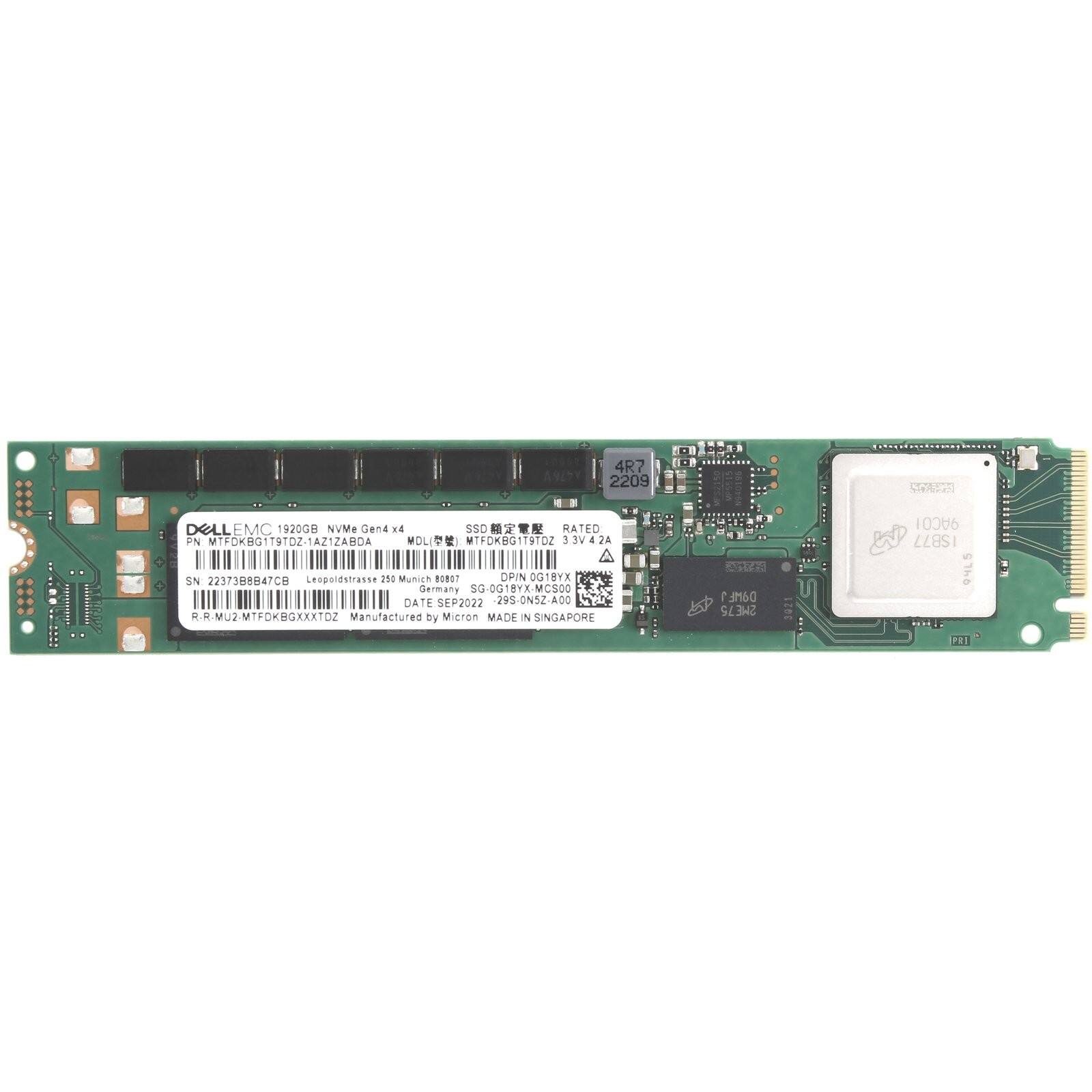 ANDY 4R7 2209 SO- DELL EMC 1920G NVMe Gen x4 SSD  
RATED PN MTFDKRG1T9TOZ-1AZ1ZABDA  
MOL( MTFOKBG1T9TO2  
ACA VE 2A  
SN 2237388B47CB  
Leopoldatrasse 190 Munich BOO?  
OPIN OG18YX  
Sermany  
SG-0G1BYX-MCS00  
DATE SEP2022  
295-ON5Z-A00  
RHMU/MIFOKHGXXXTOZ  
Manufactured by Micron  
MADE IN SINGAPORE  
1 DOME  
2ME75  
1921  
9ACO1  
SB77  
94L5  
1.1  
TT