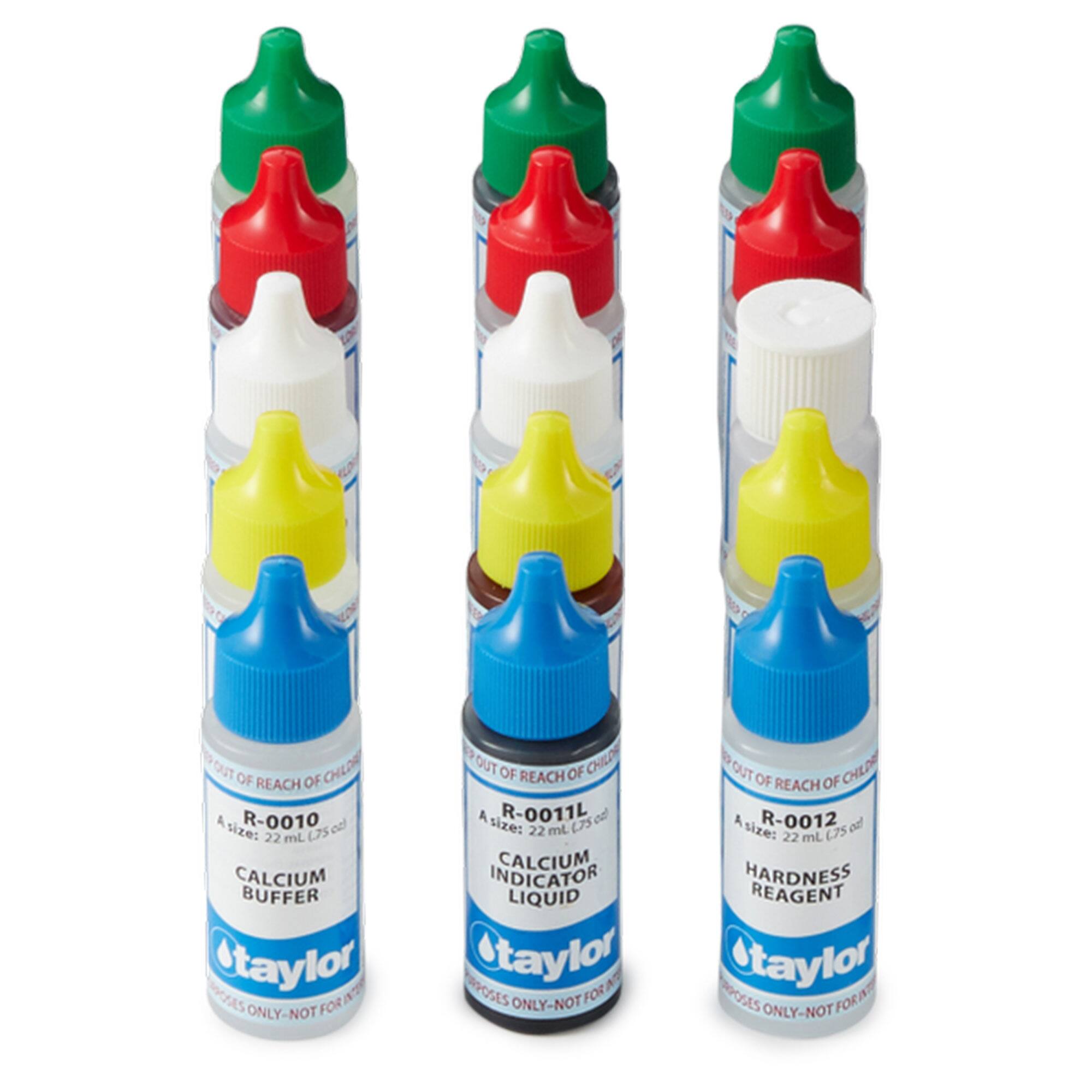 Sure, here is the corrected and grouped text:

- **R-0010**  
  ez size: 22 mL  
  CALCIUM BUFFER  
  Staylor  
  PIZAS ONLY - NOT FOR OUT OF REACH OF CHILDREN

- **R-0011L**  
  oz size: 22 ml (75 CALCIUM INDICATOR LIQUID  
  Staylor  
  TRPOSES ONLY - NOT FOR OUT OF REACH OF CHILDREN

- **R-0012**  
  ez size: 22 mL  
  HARDNESS REAGENT  
  Staylor  
  ROES ONLY - NOT FOR OUT OF REACH OF CHILDREN