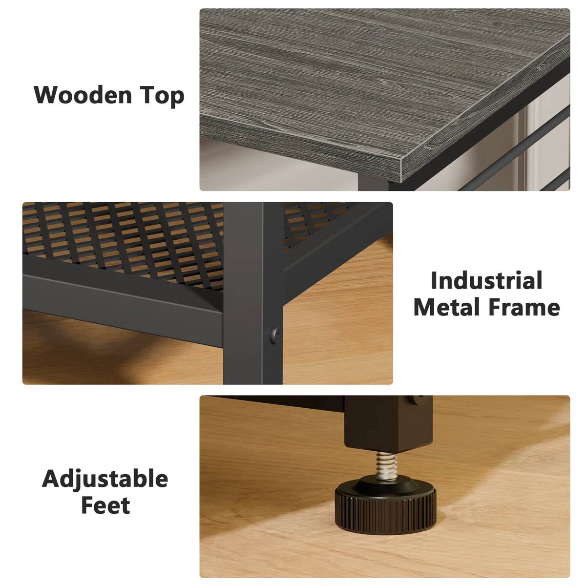 Wooden Top Industrial Metal Frame Adjustable Feet