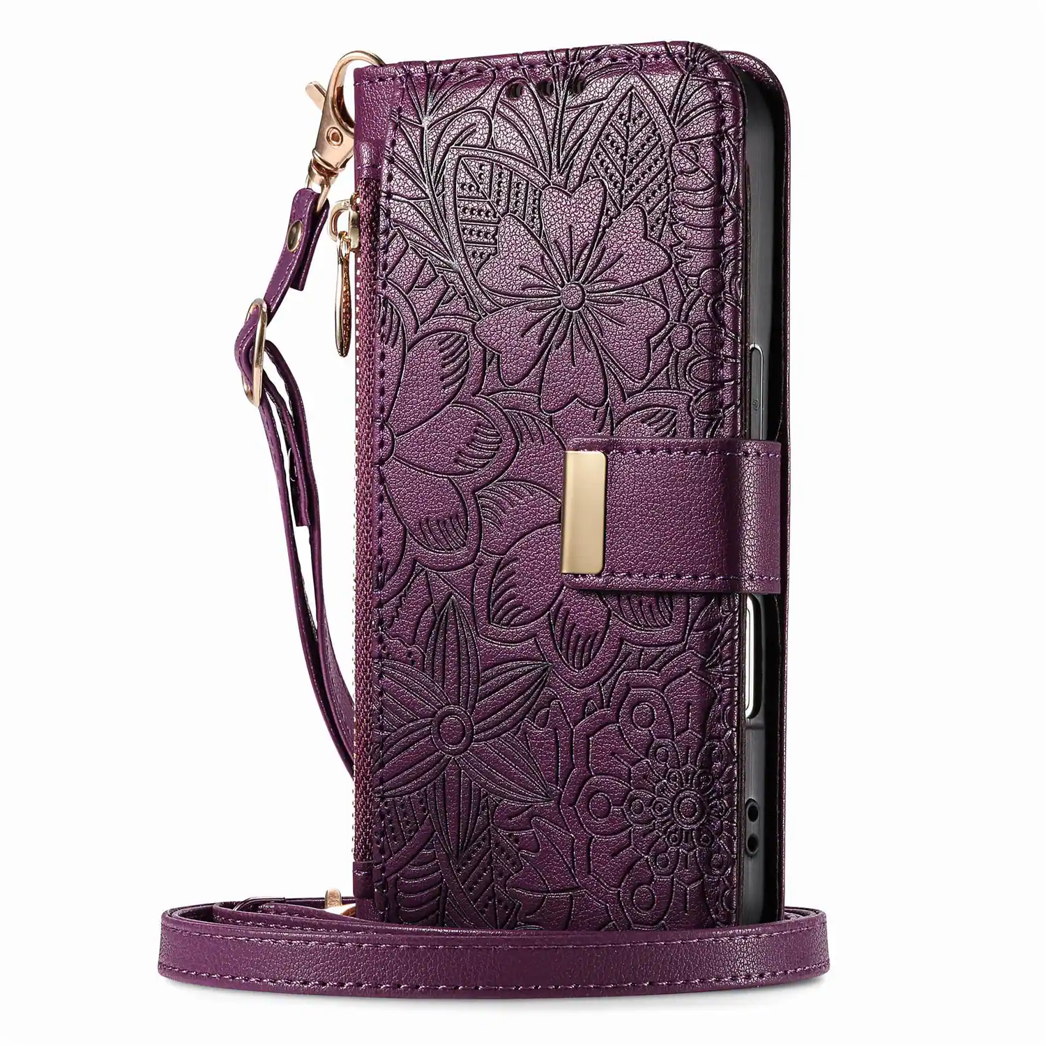 Alt View 2. Dteck - Floral Embossed Leather Zipper Cash Slot Wallet Case for Apple iPhone 16 with Detachable Strap - Purple.