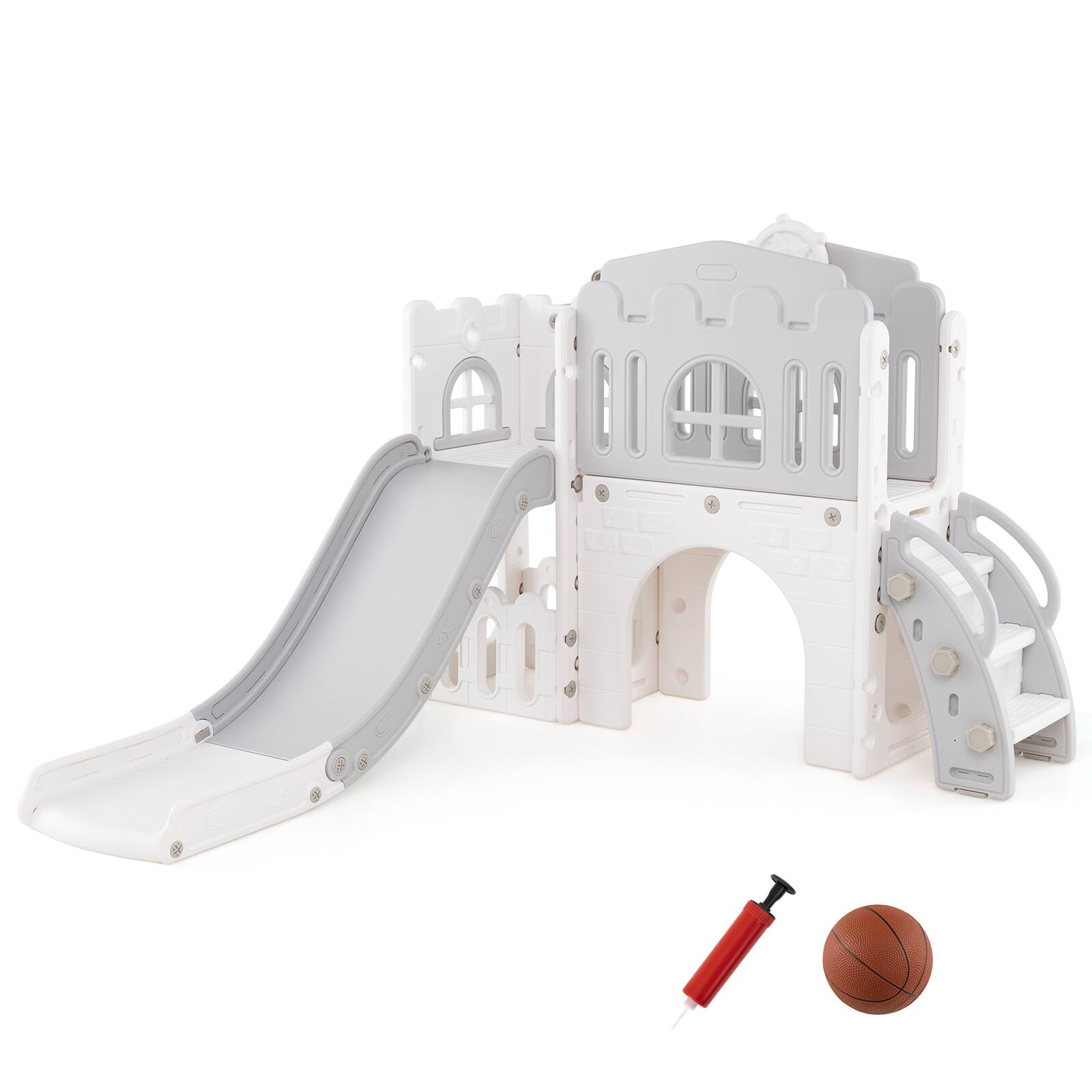 Alt View 9. Gymax - Gymax 9 in 1 Toddler Slide L Shaped Kids Slide & Climber Playset w/ Basketball Hoop Gray - Gray.